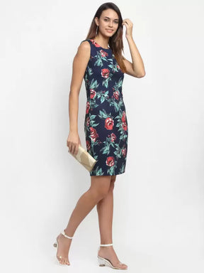 Women Navy Blue Print Midi Length Dress