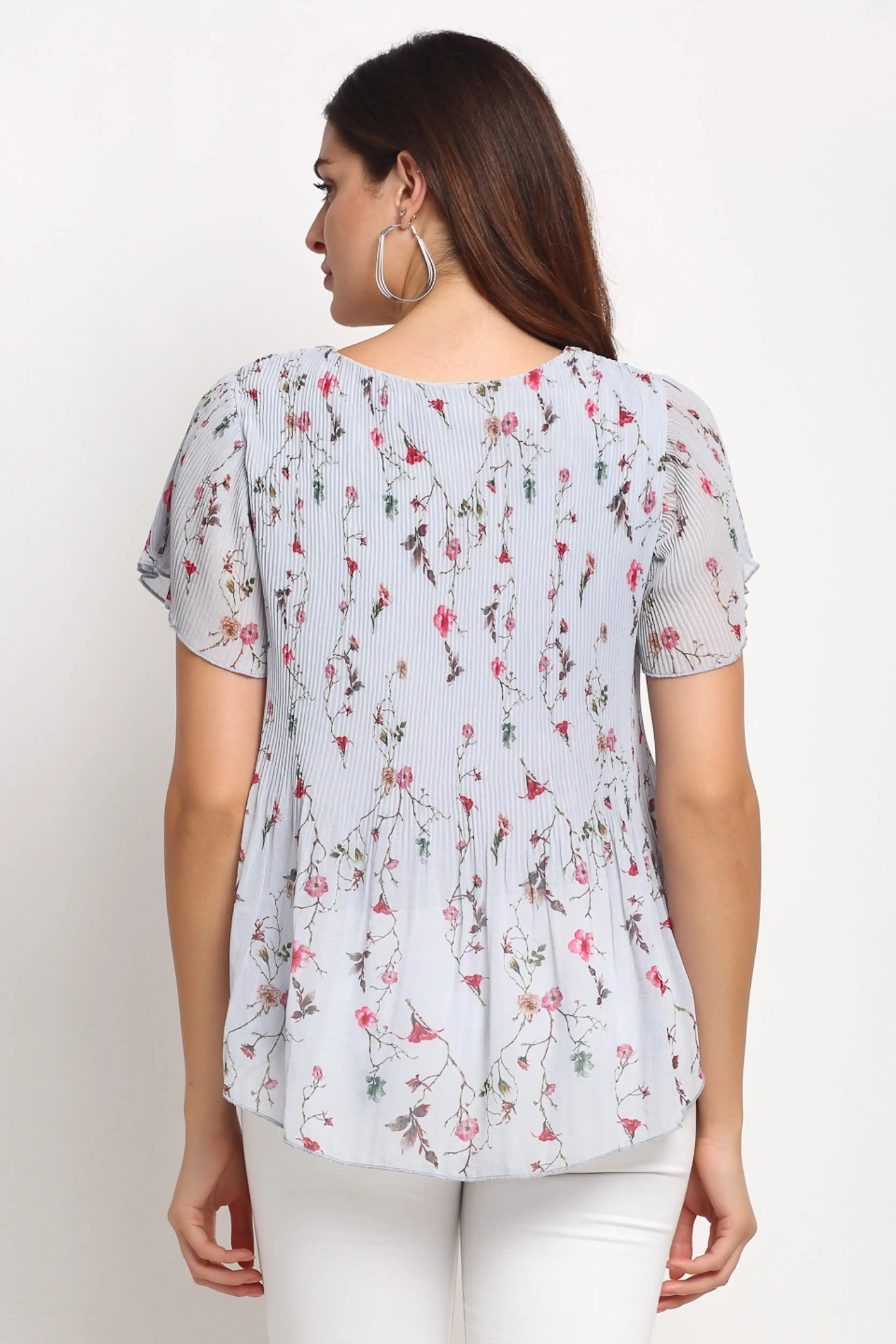 Grey Floral Cotton Blend Peplum Top