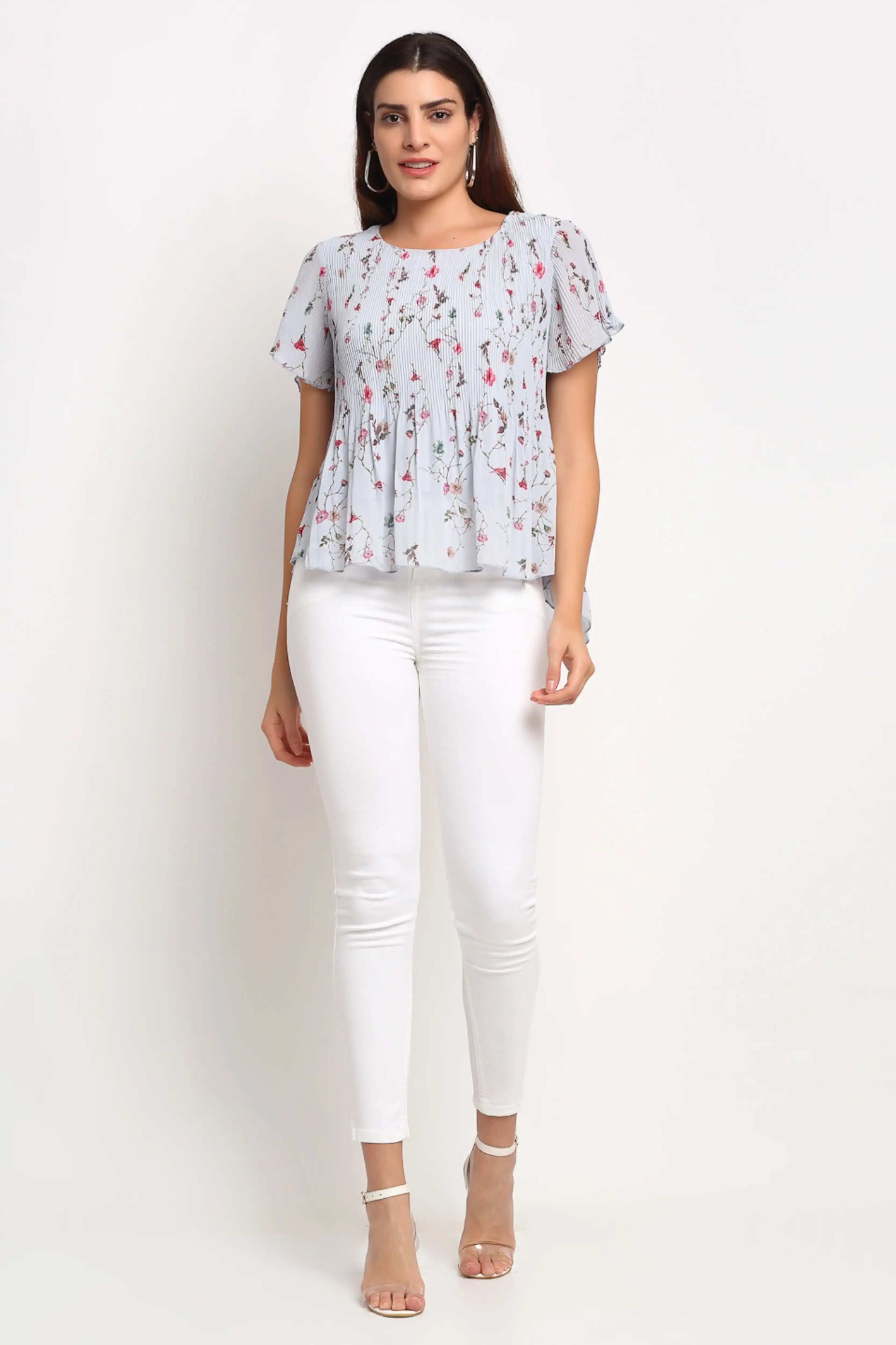 Grey Floral Cotton Blend Peplum Top