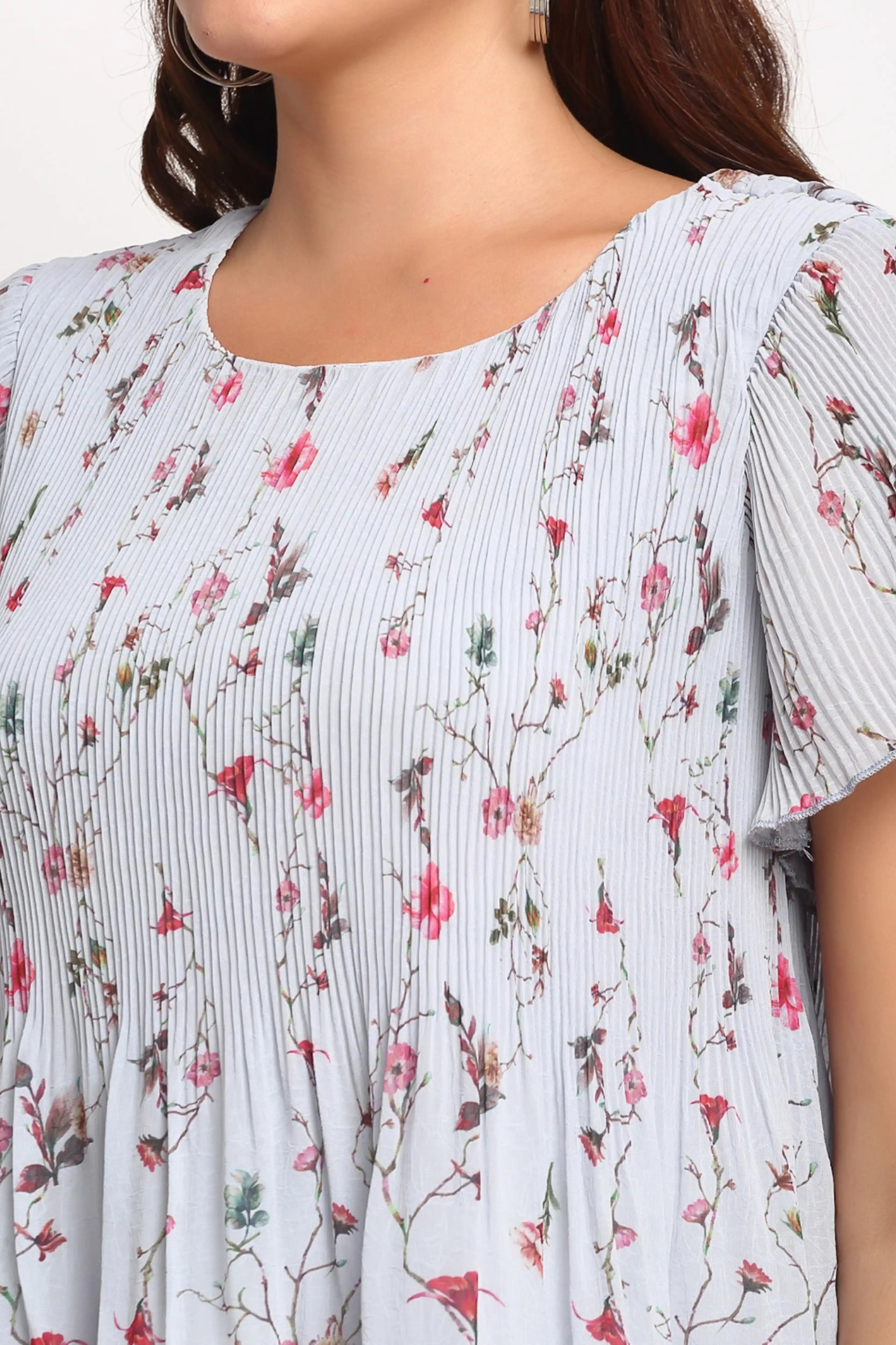 Grey Floral Cotton Blend Peplum Top