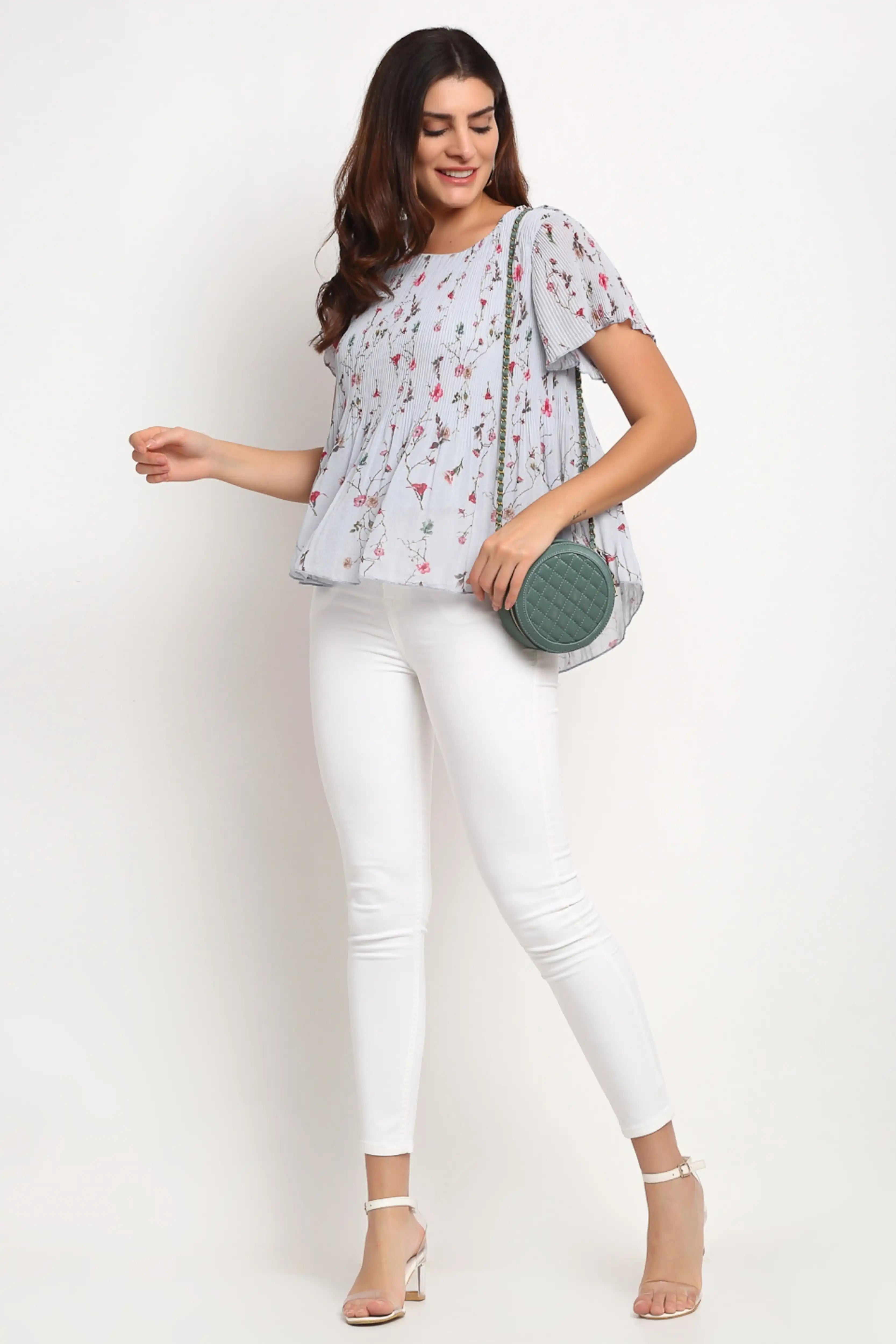 Grey Floral Cotton Blend Peplum Top