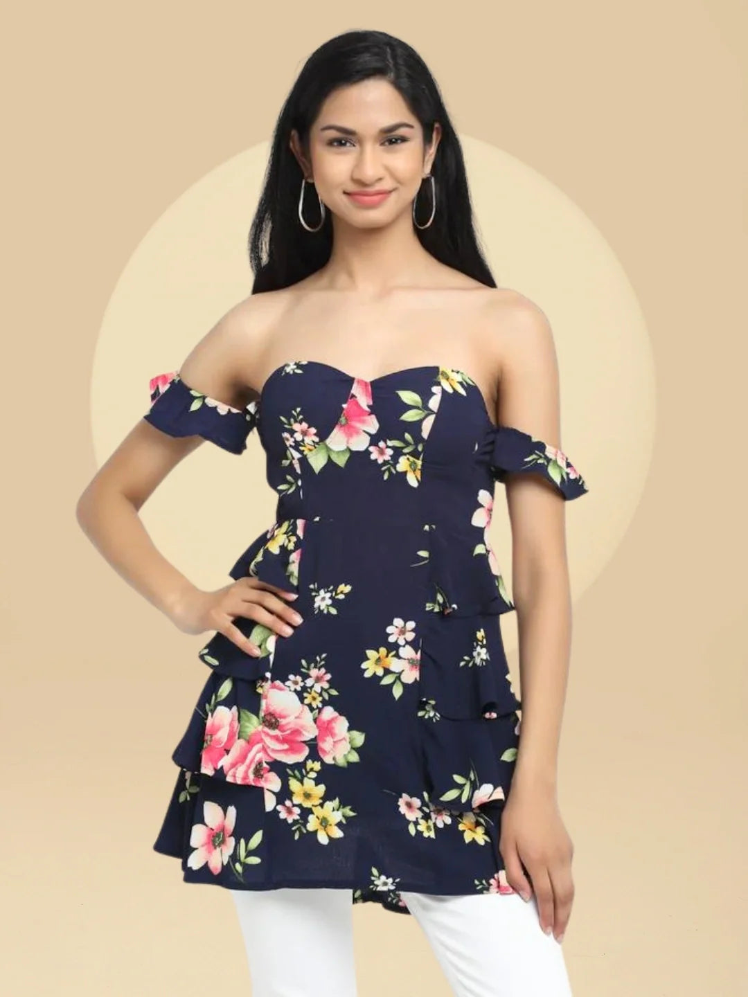 Pink Floral Off-Shoulder Long Top - Global Republic