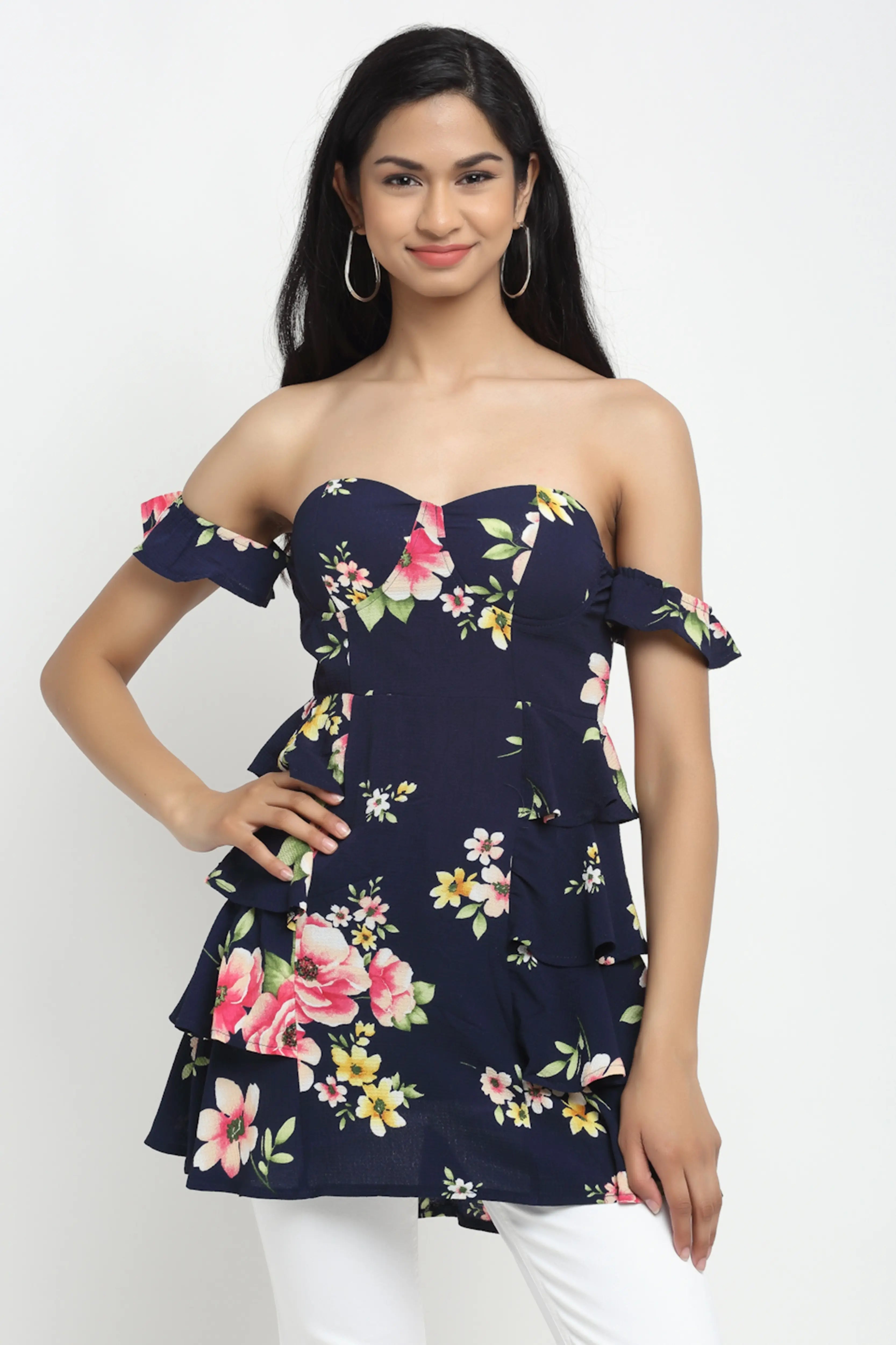 Pink Floral Off-Shoulder Long Top - Global Republic