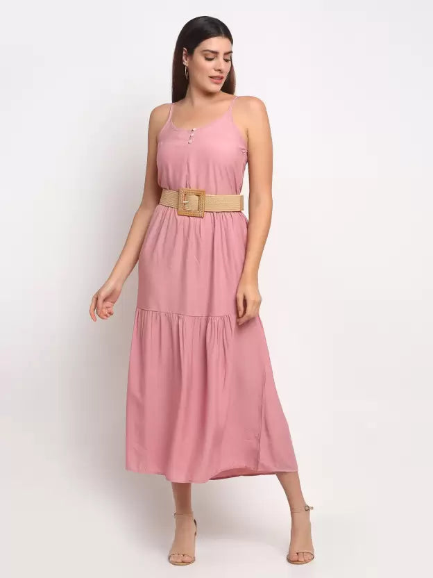 Women Dusty Pink Solid Long Length Dress With Belt
