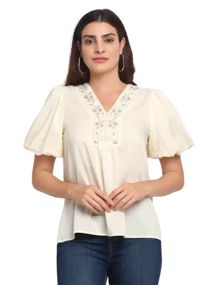 Beige V- Neck Regular Blouson Top