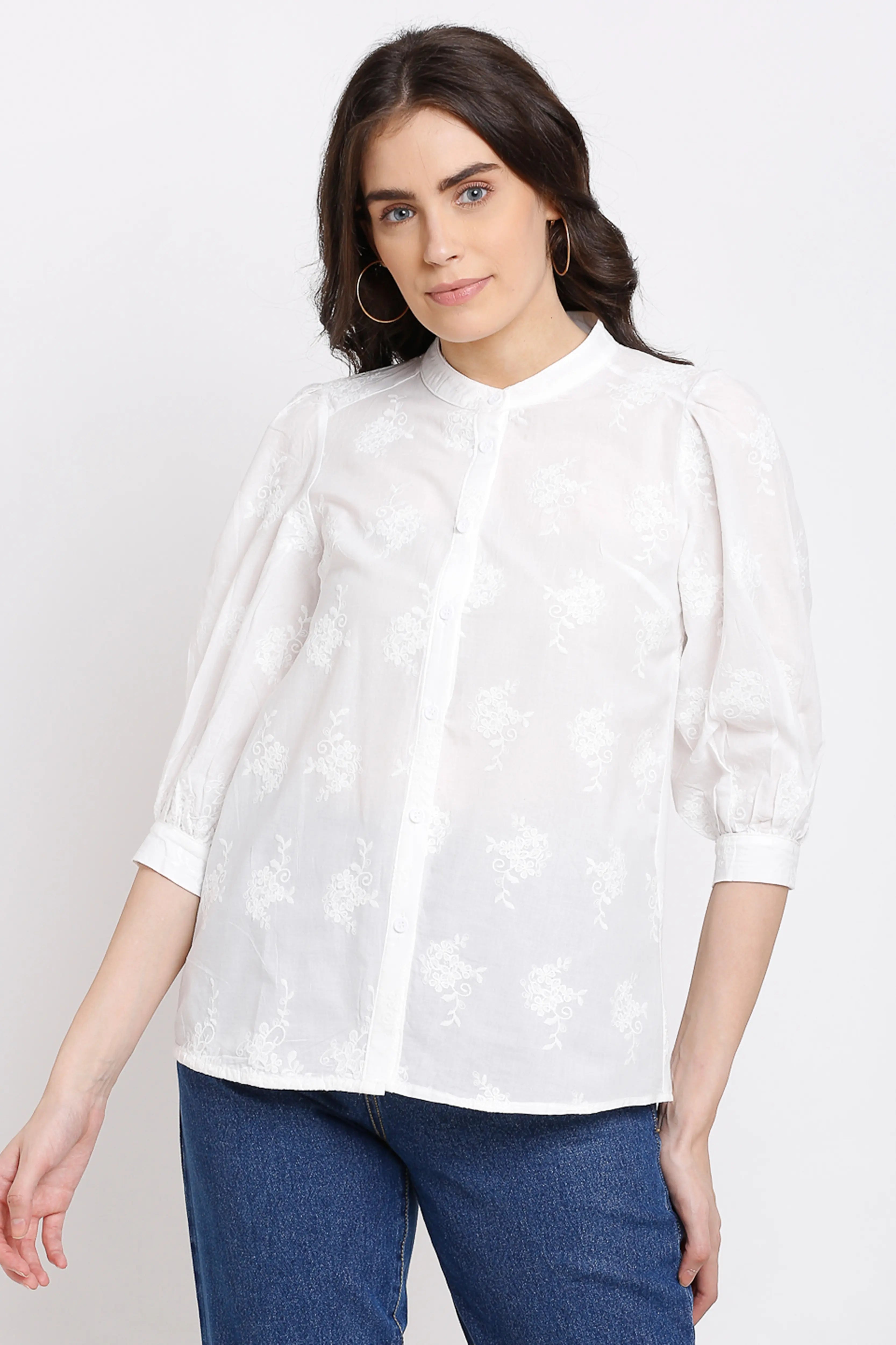 Women Off White Cotton Solid Mandarin Collar Shirt - Global Republic