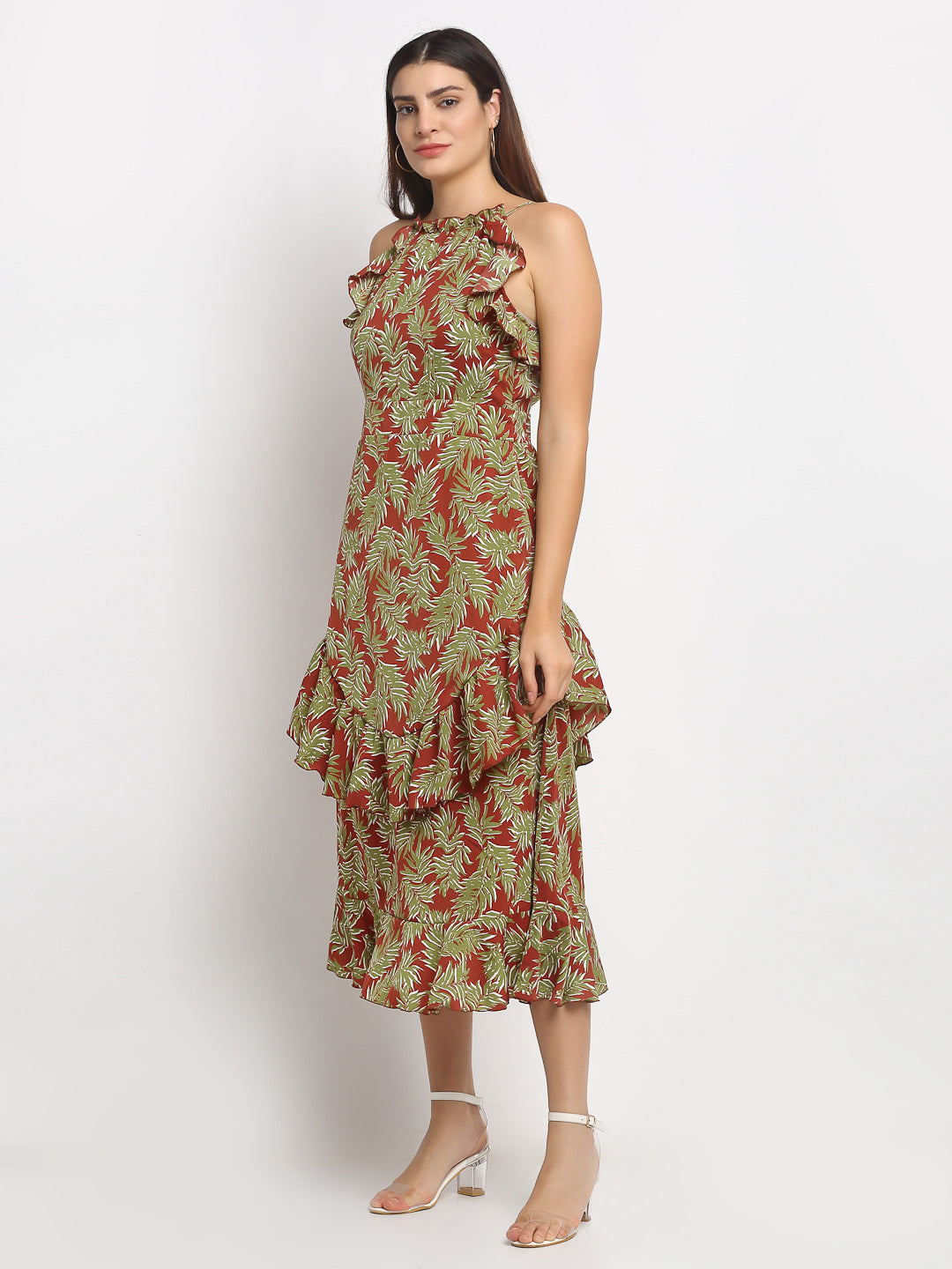 Women Maroon Print Long Length Dress