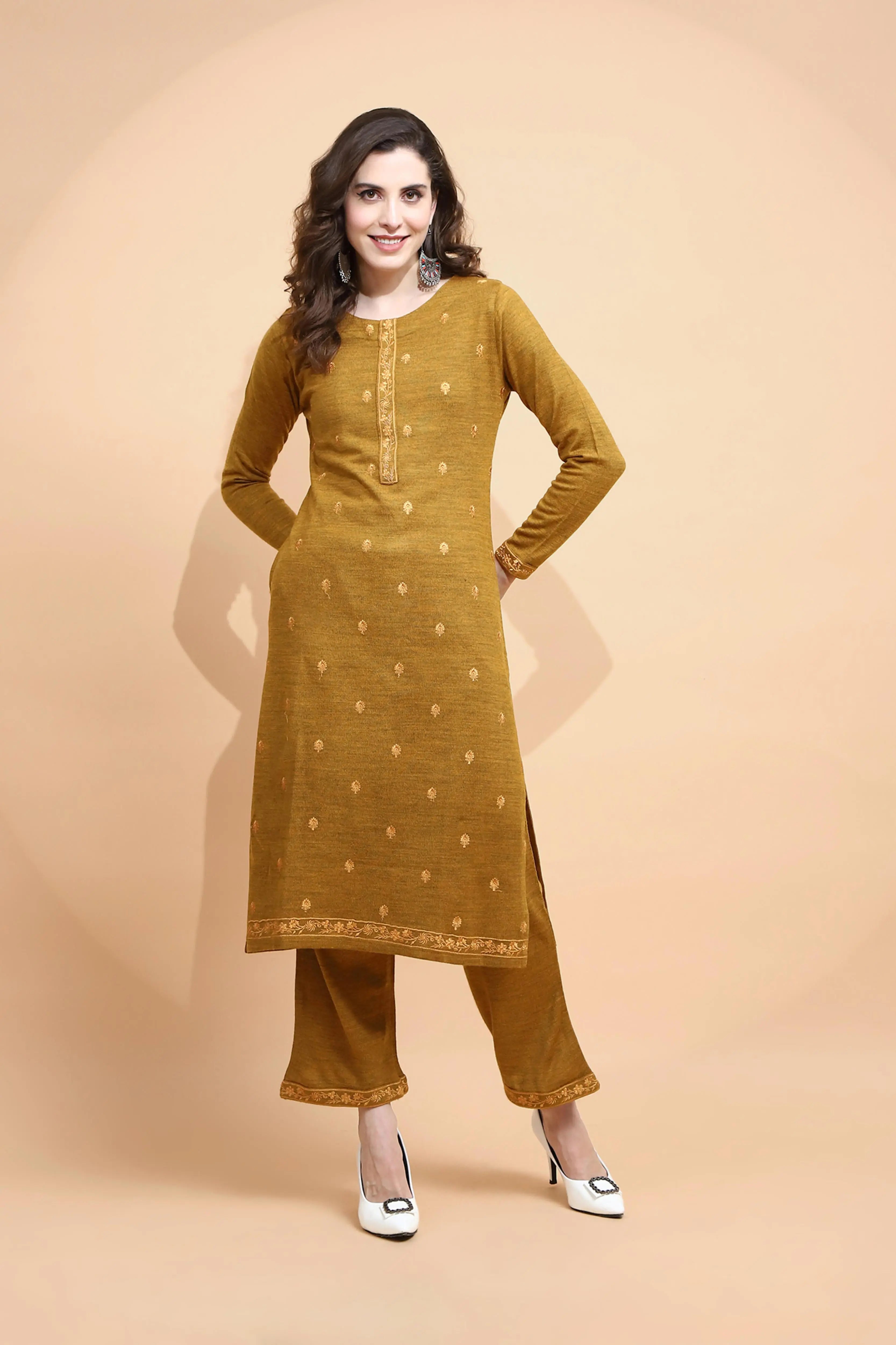 Mustard Knitted Regular Fit Kurta Set For Women - Global Republic