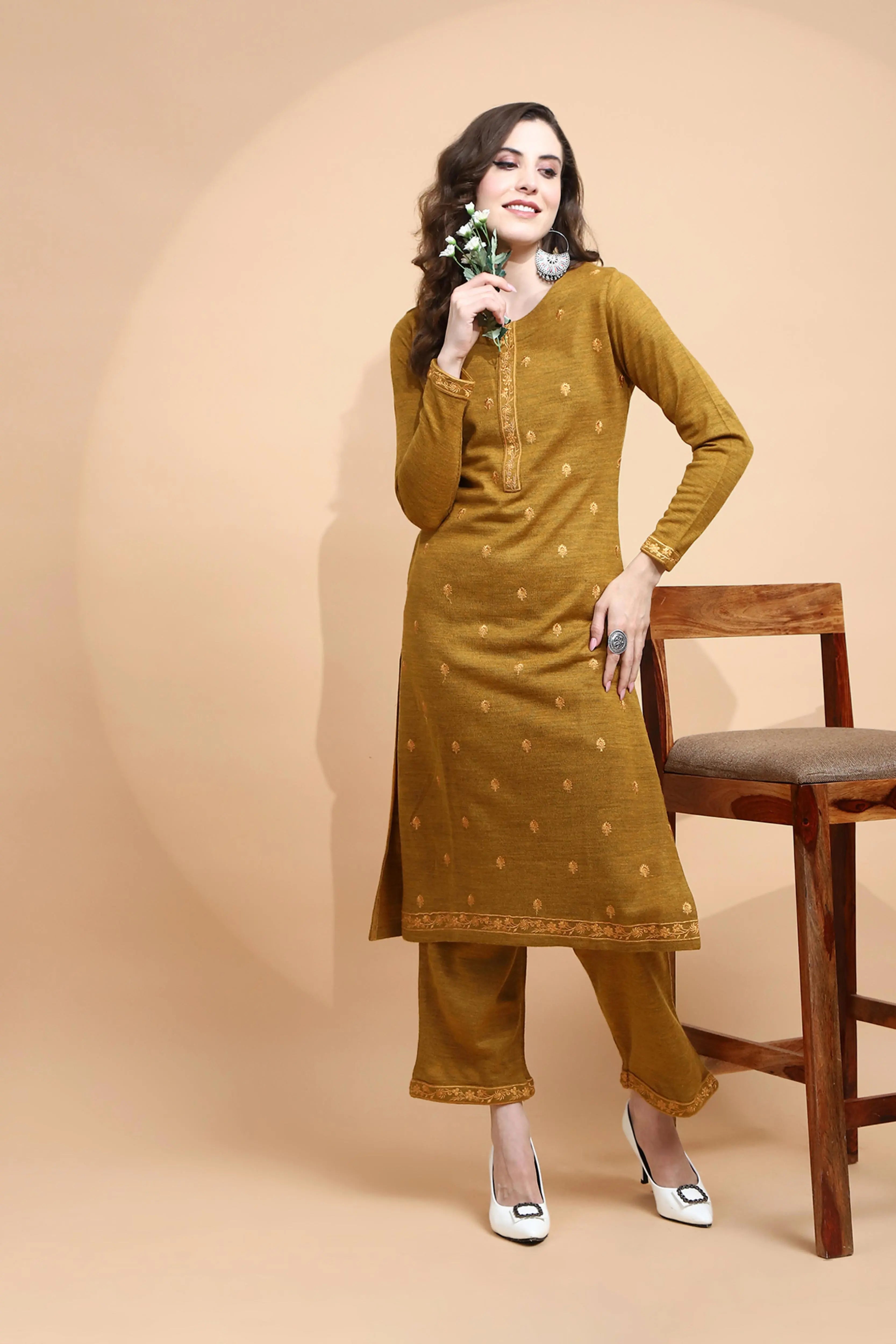 Mustard Knitted Regular Fit Kurta Set For Women - Global Republic