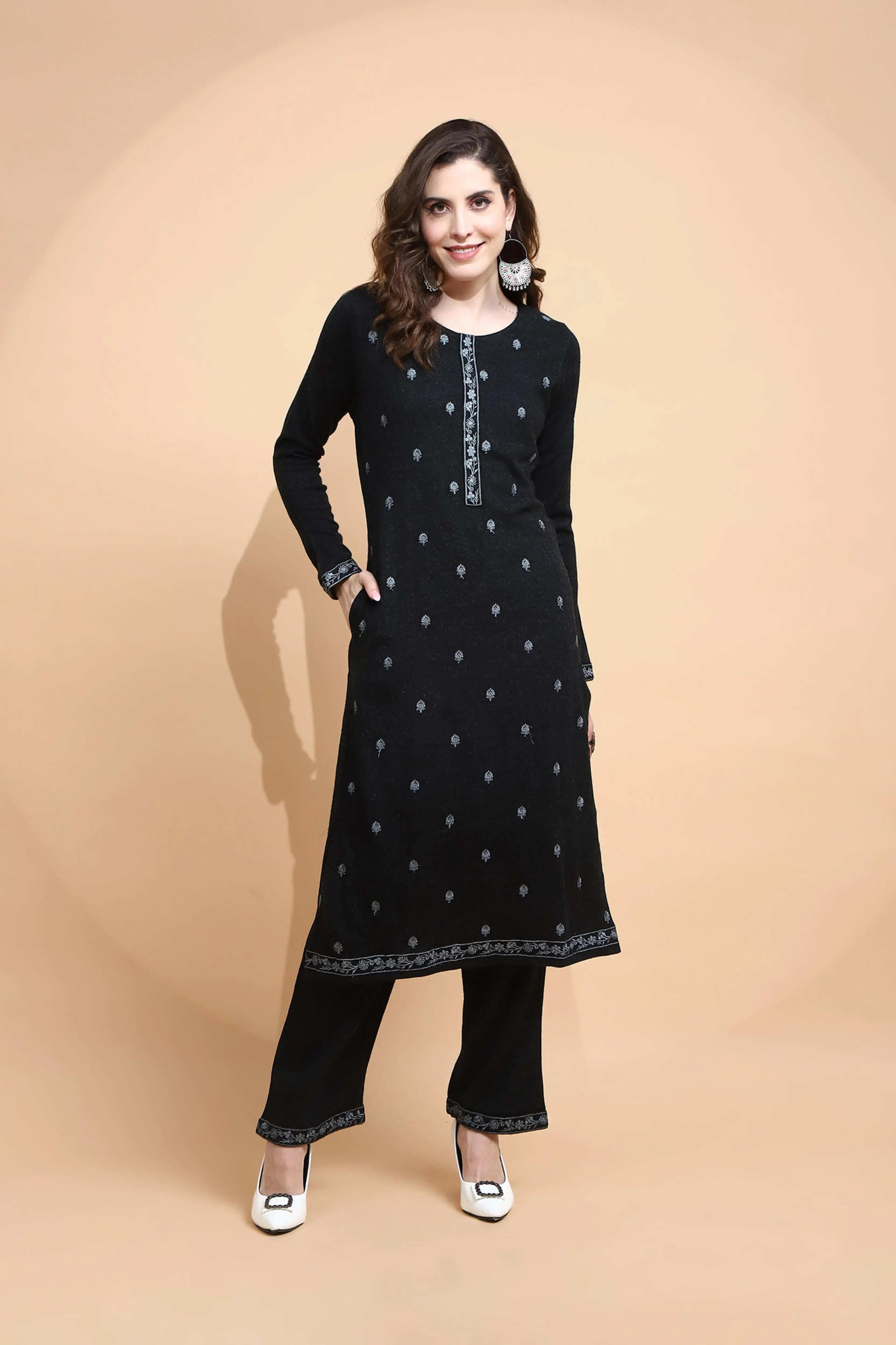 Black Embroidered Wool Blend Kurta Set - Global Republic