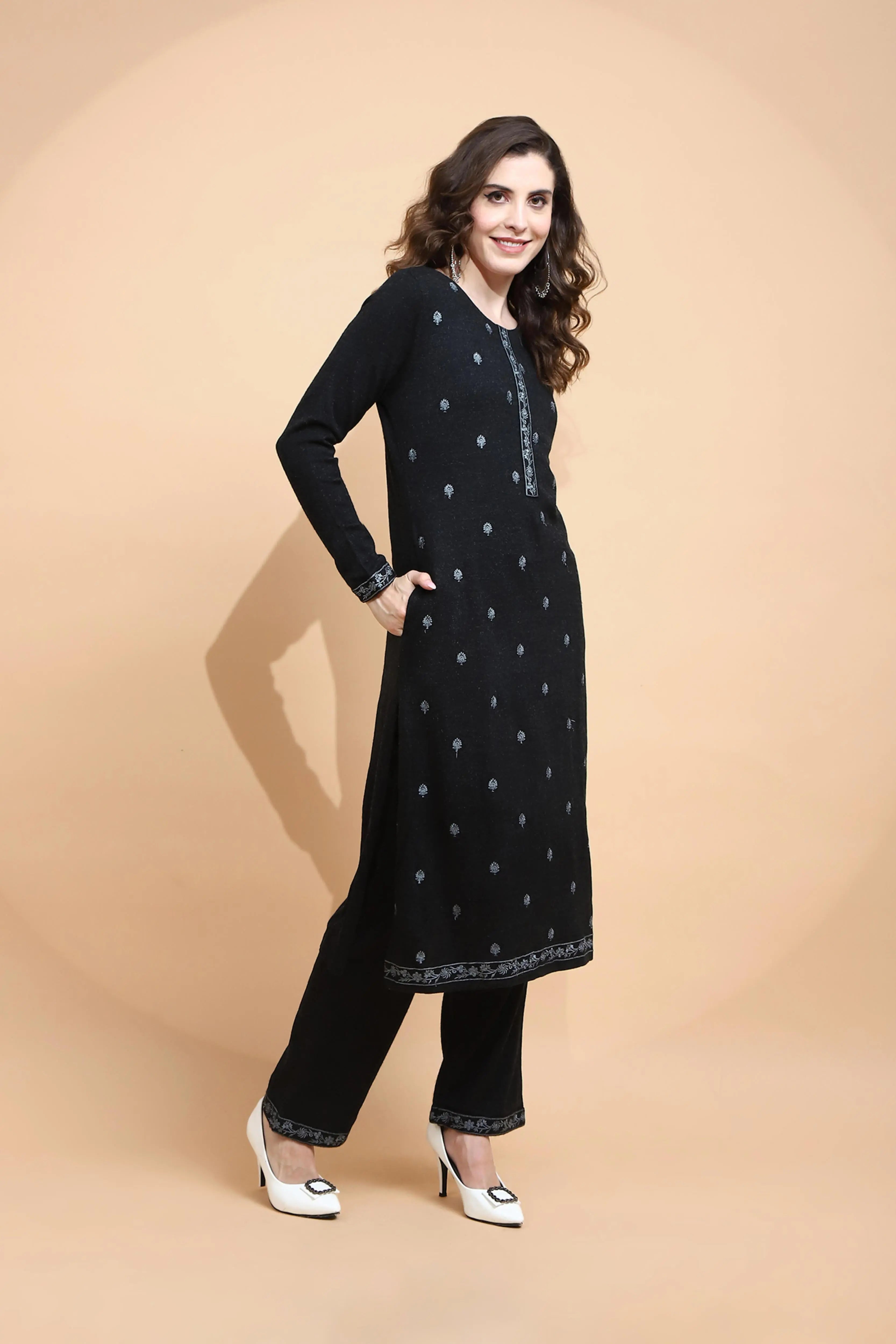Black Embroidered Wool Blend Kurta Set - Global Republic