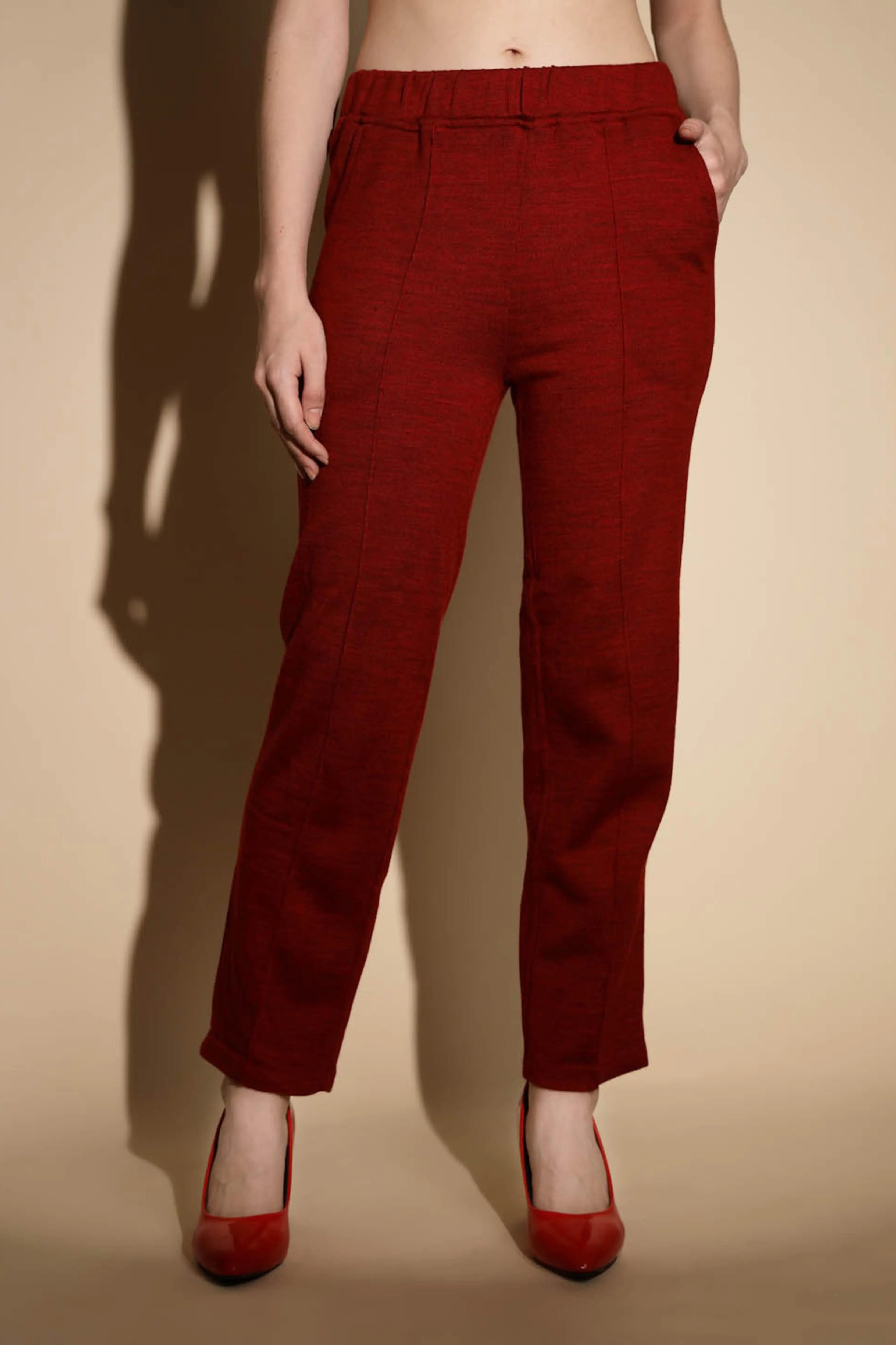 Maroon Solid Straight Cut Low Rise Pants - Global Republic