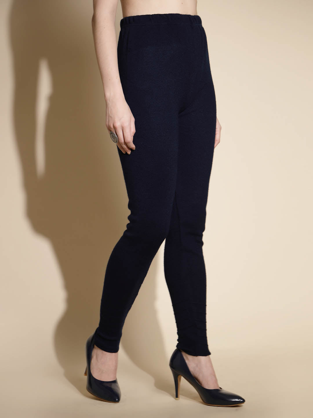 Navy Blue Solid Woolen High Rise Stretchable Legging - Global Republic