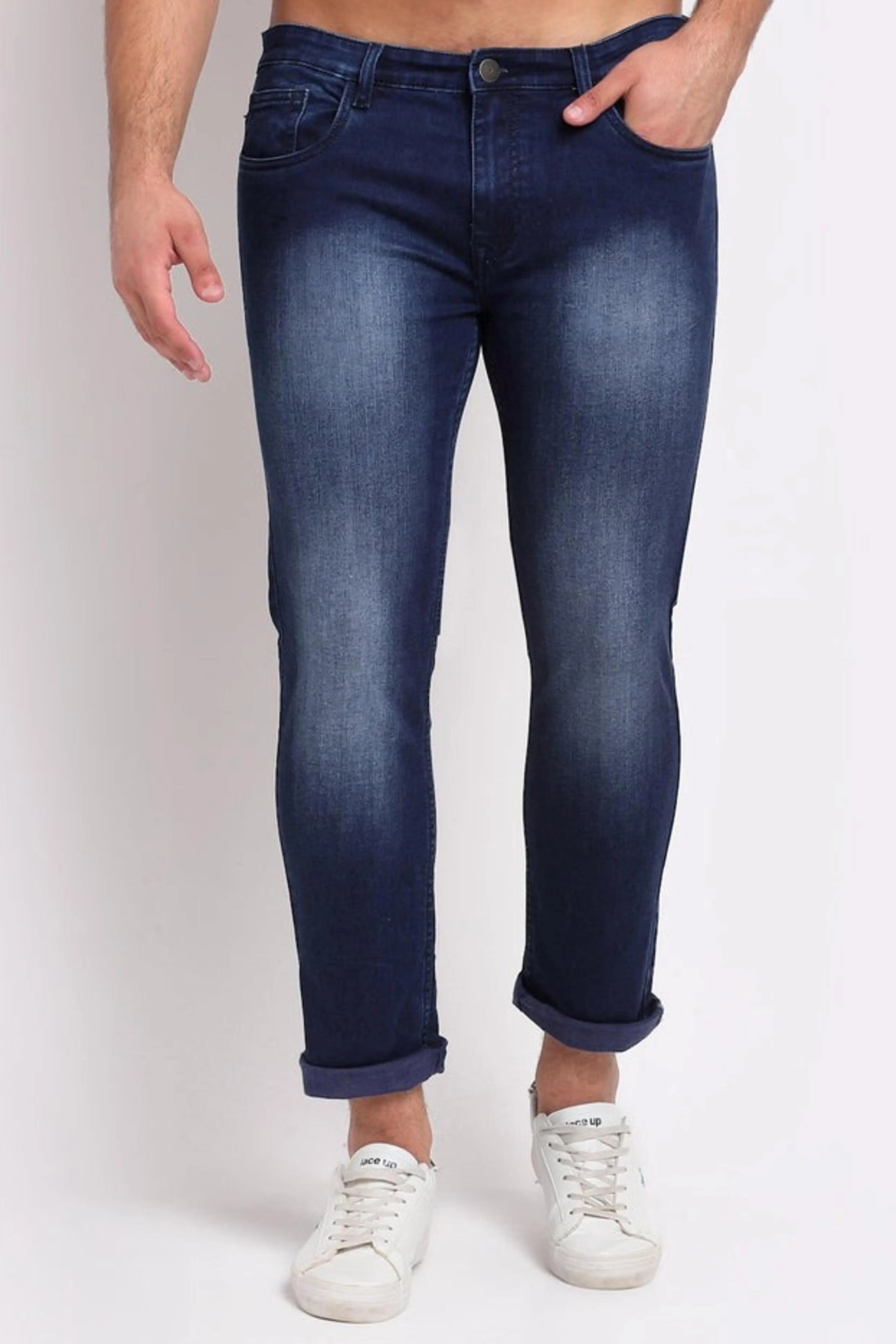 Men Blue Cotton Blend Solid Jeans - Global Republic