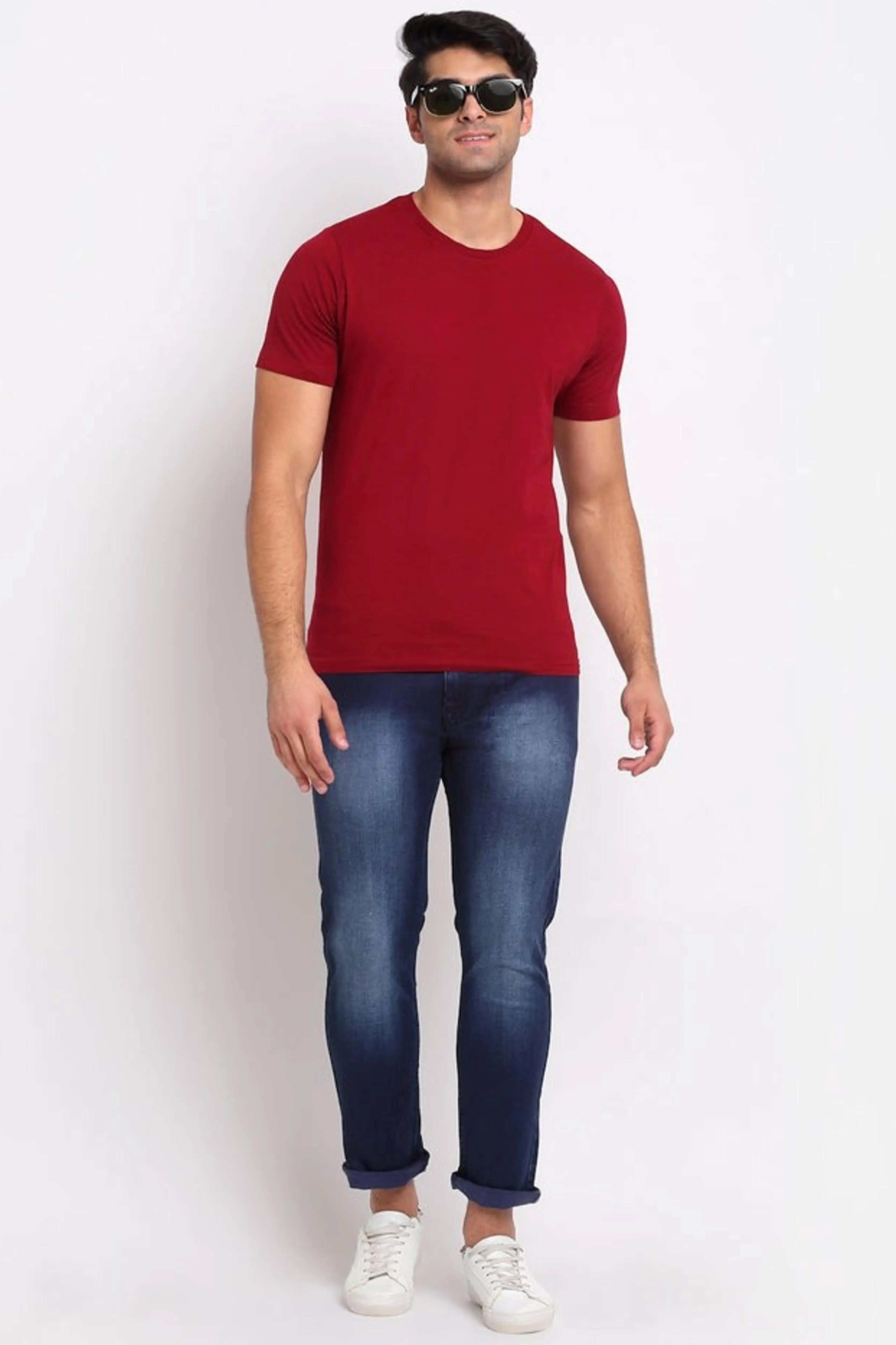 Men Blue Cotton Blend Solid Jeans - Global Republic