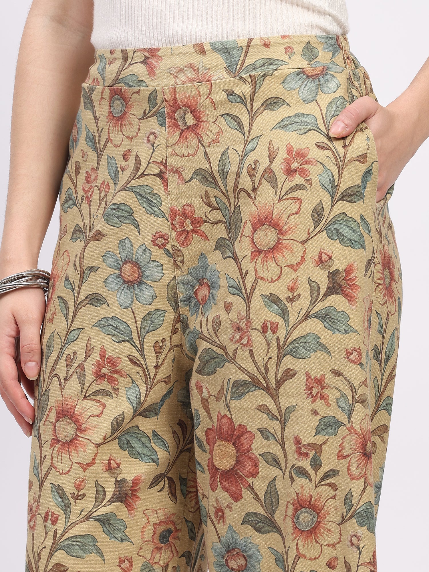 Beige Floral Print Cotton Lower