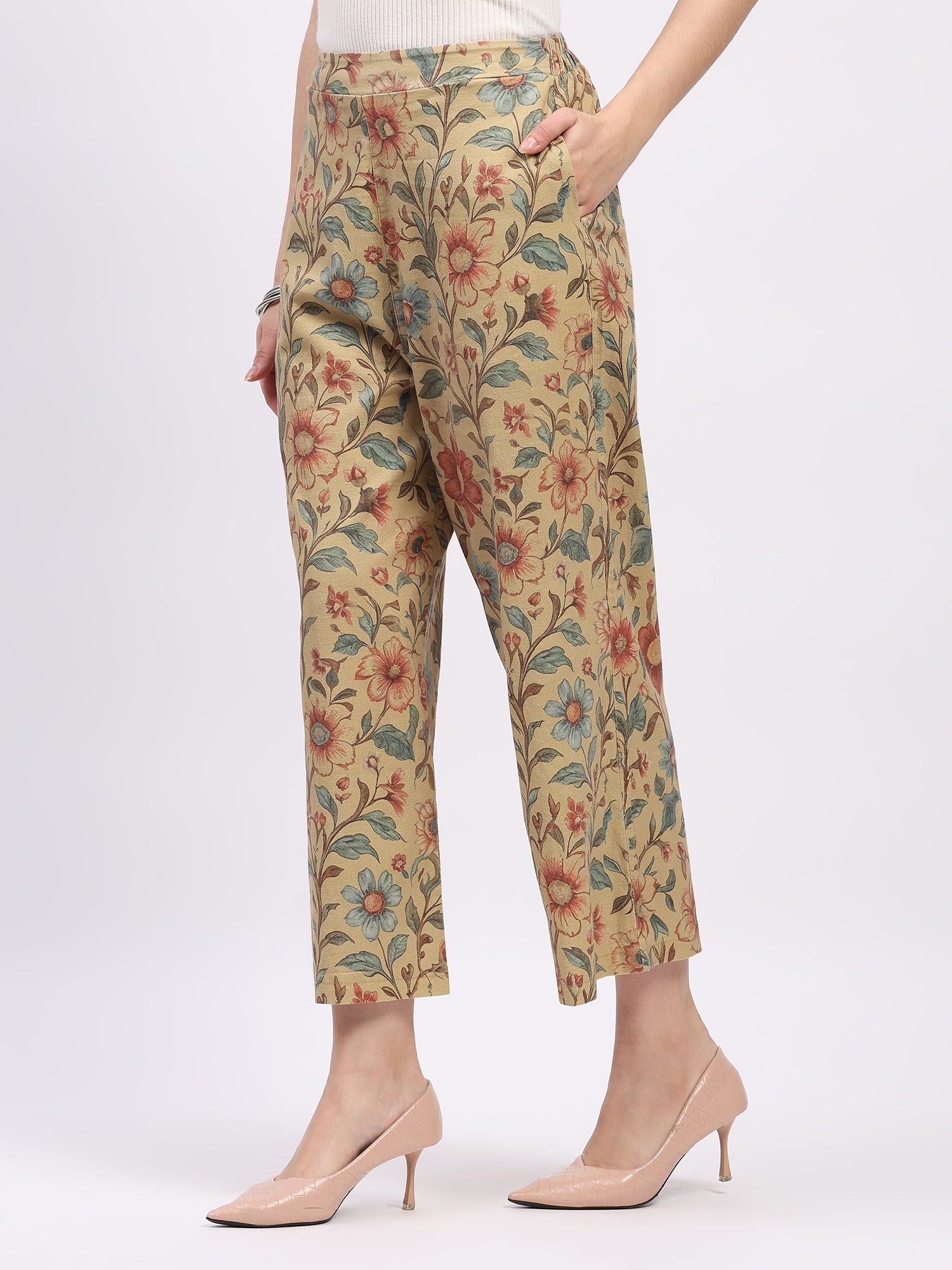 Beige Floral Print Cotton Lower