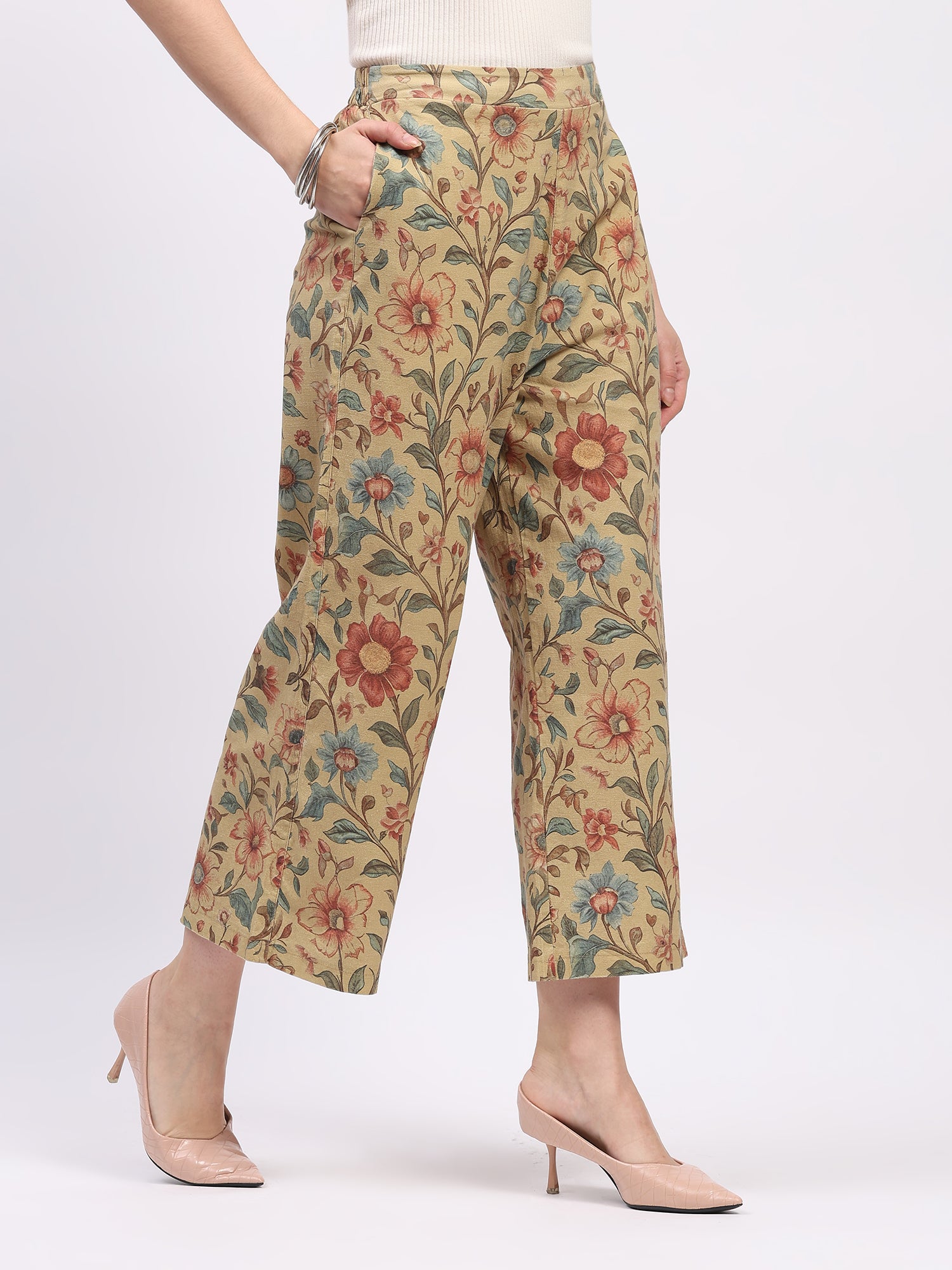 Beige Floral Print Cotton Lower