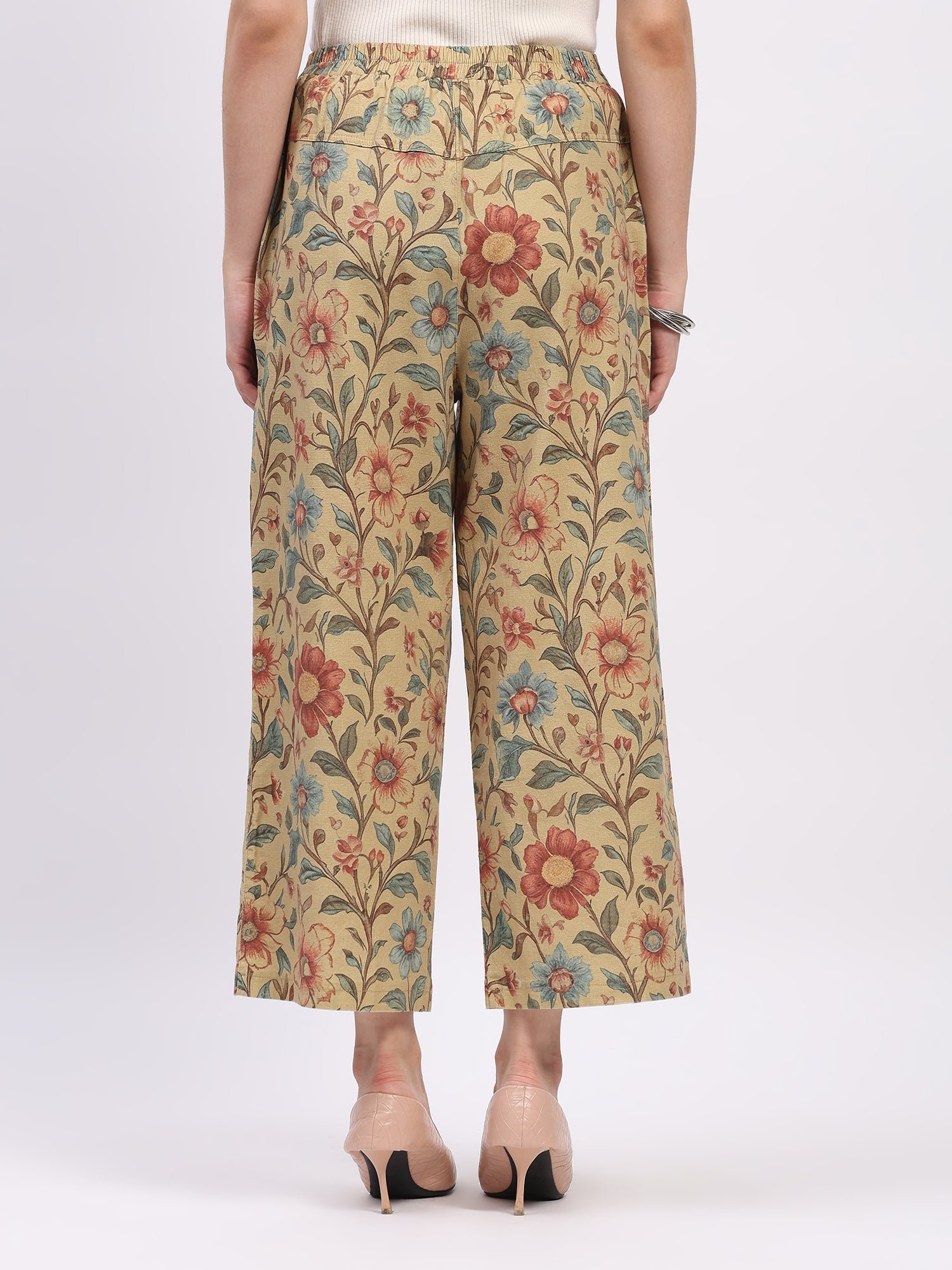 Beige Floral Print Cotton Lower