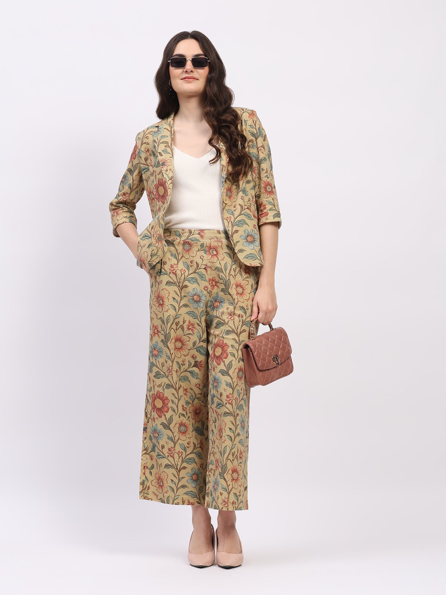 Beige Floral Print Cotton Lower