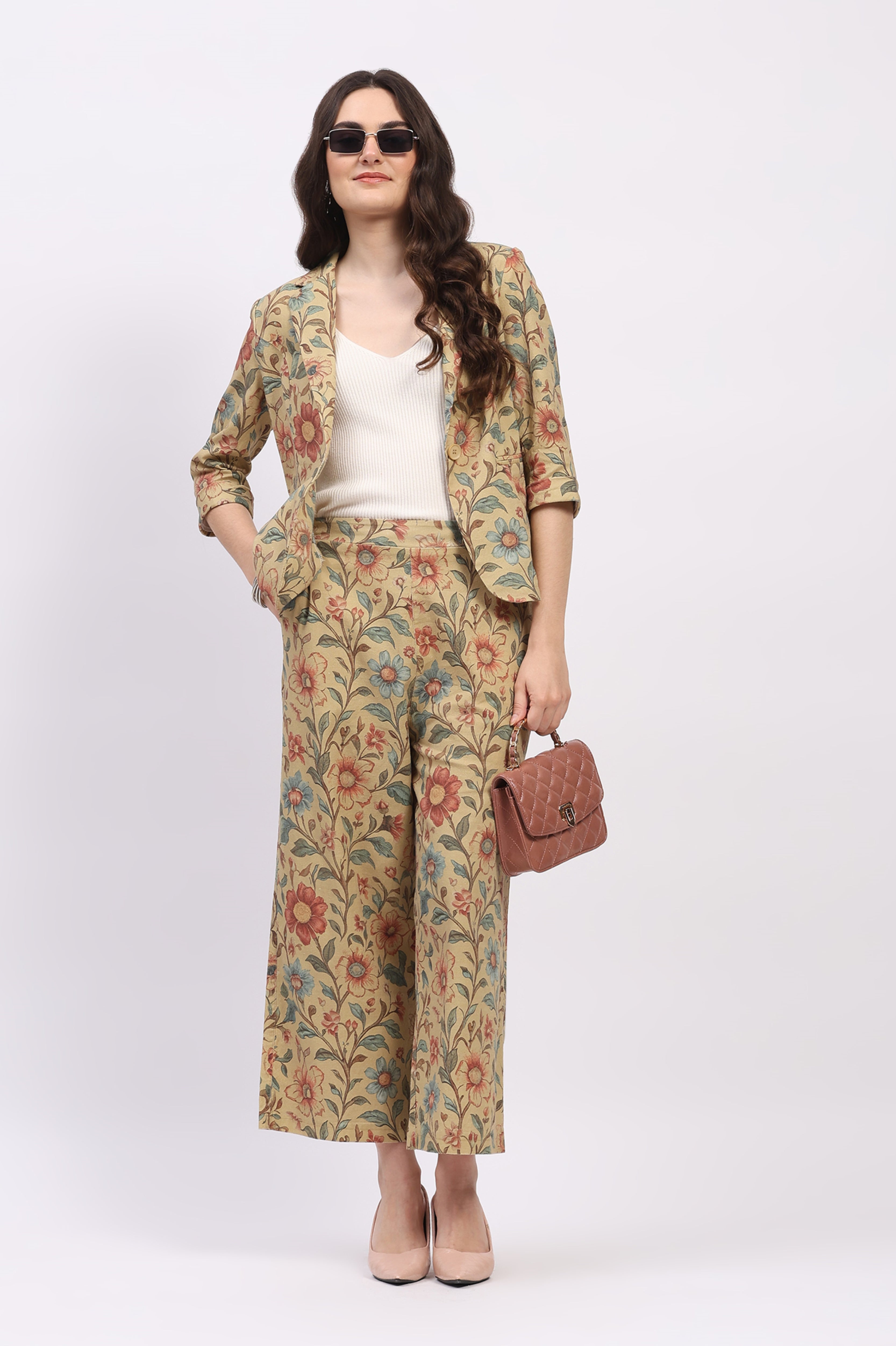 Beige Floral Print Cotton Co-ord Set