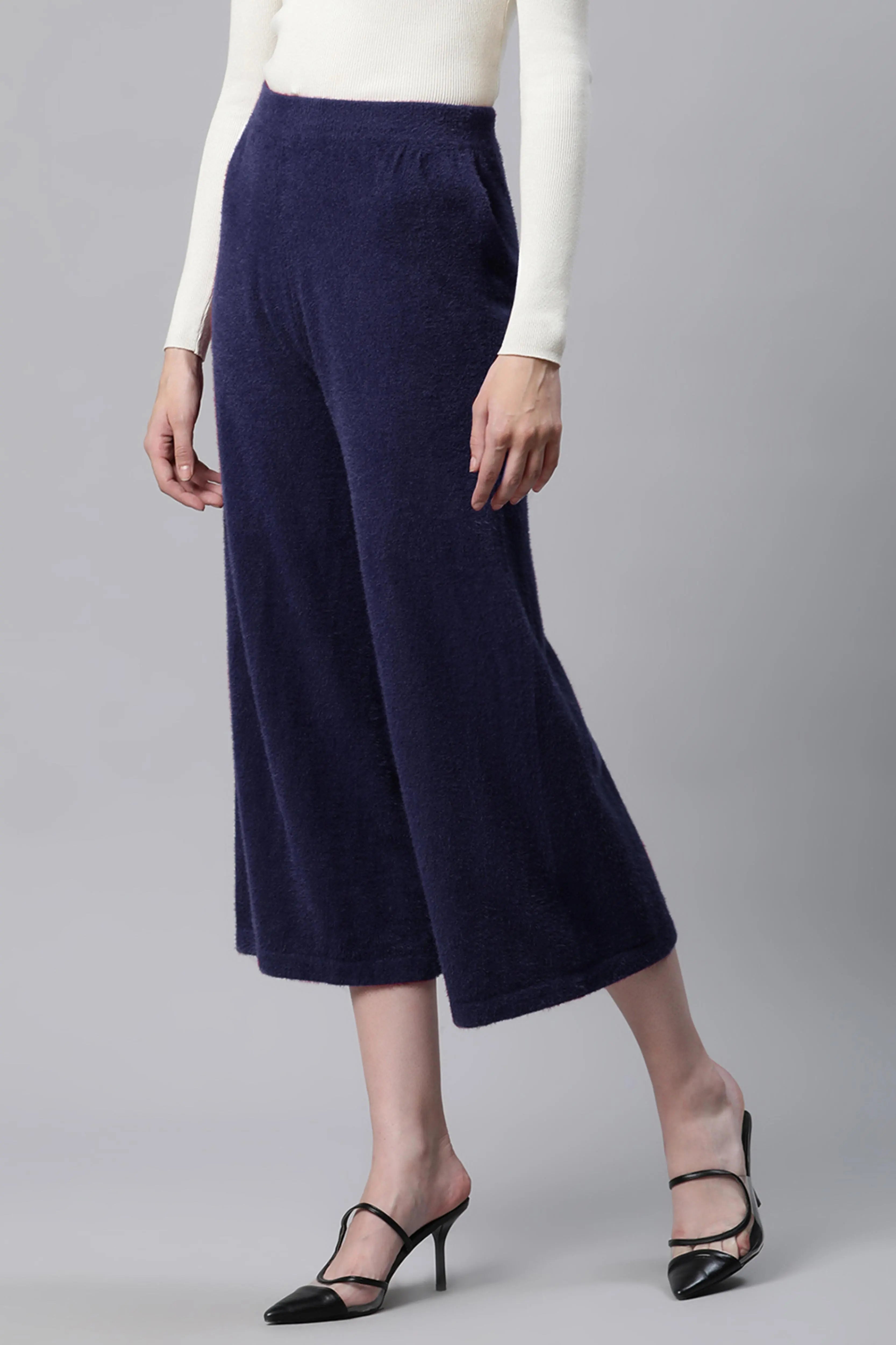 Navy Blue Loose Fit Faux-Fur Lower - Global Republic