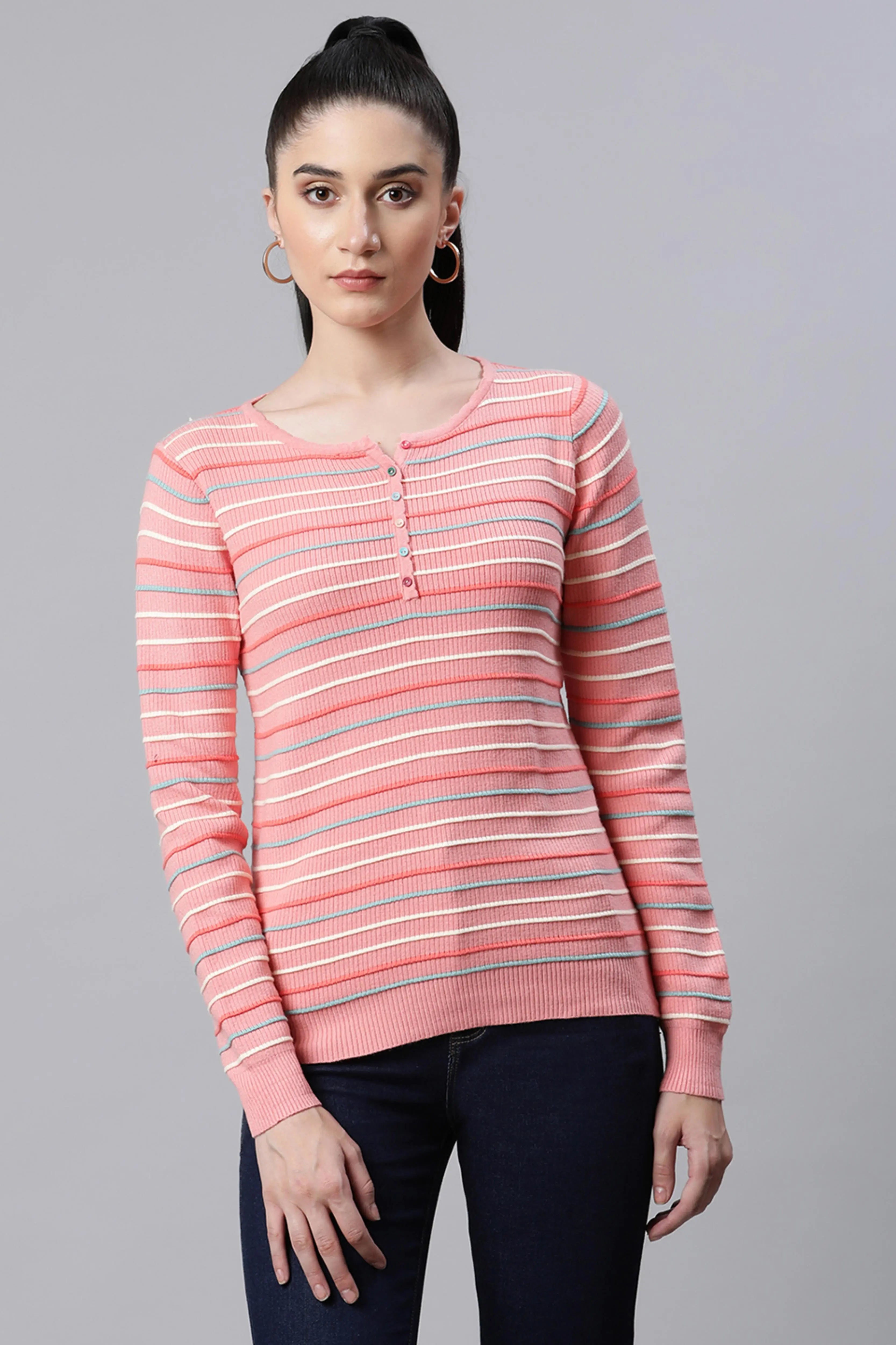 Women Pink Round Neck Regular Fit Striped Pullover - Global Republic