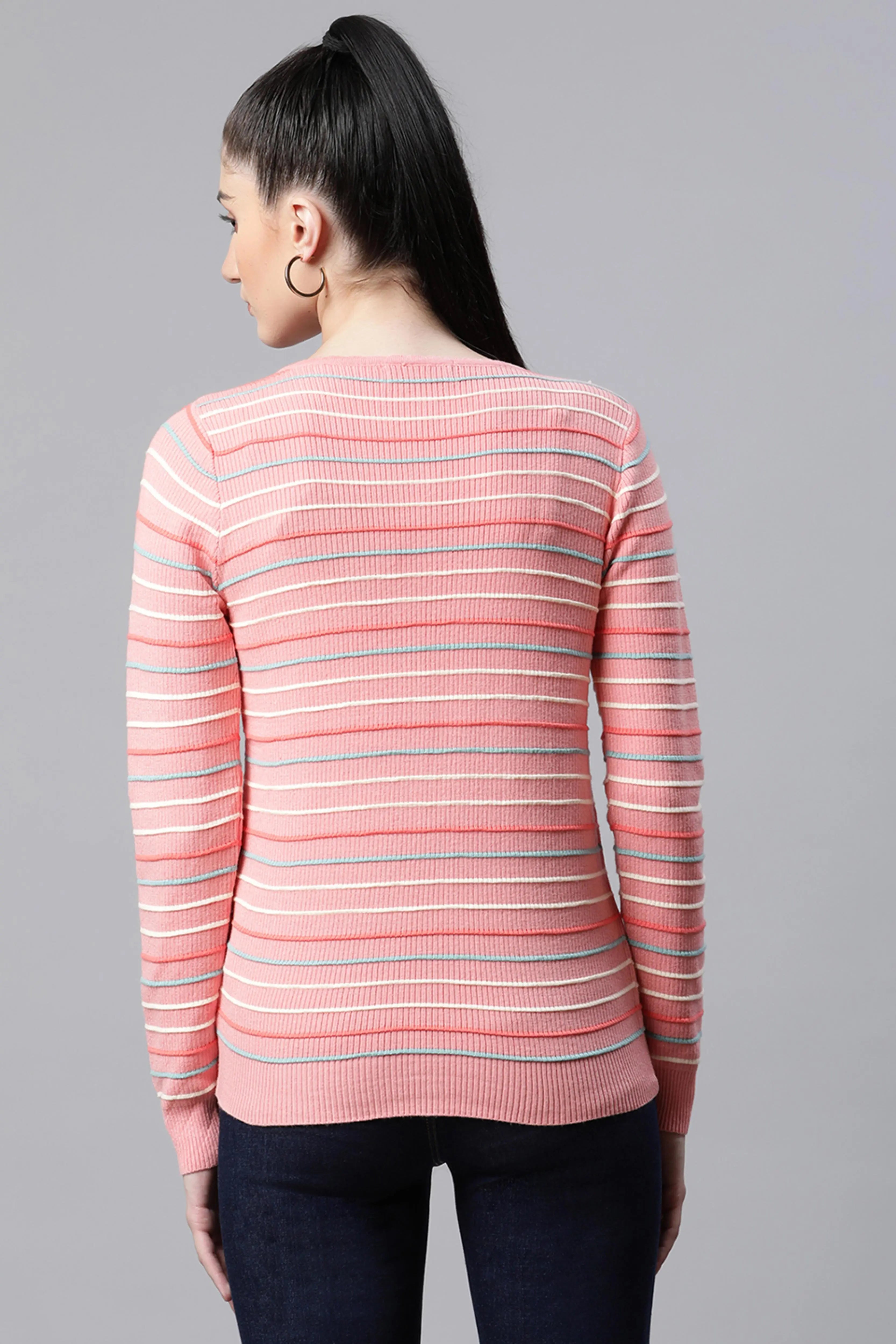Women Pink Round Neck Regular Fit Striped Pullover - Global Republic