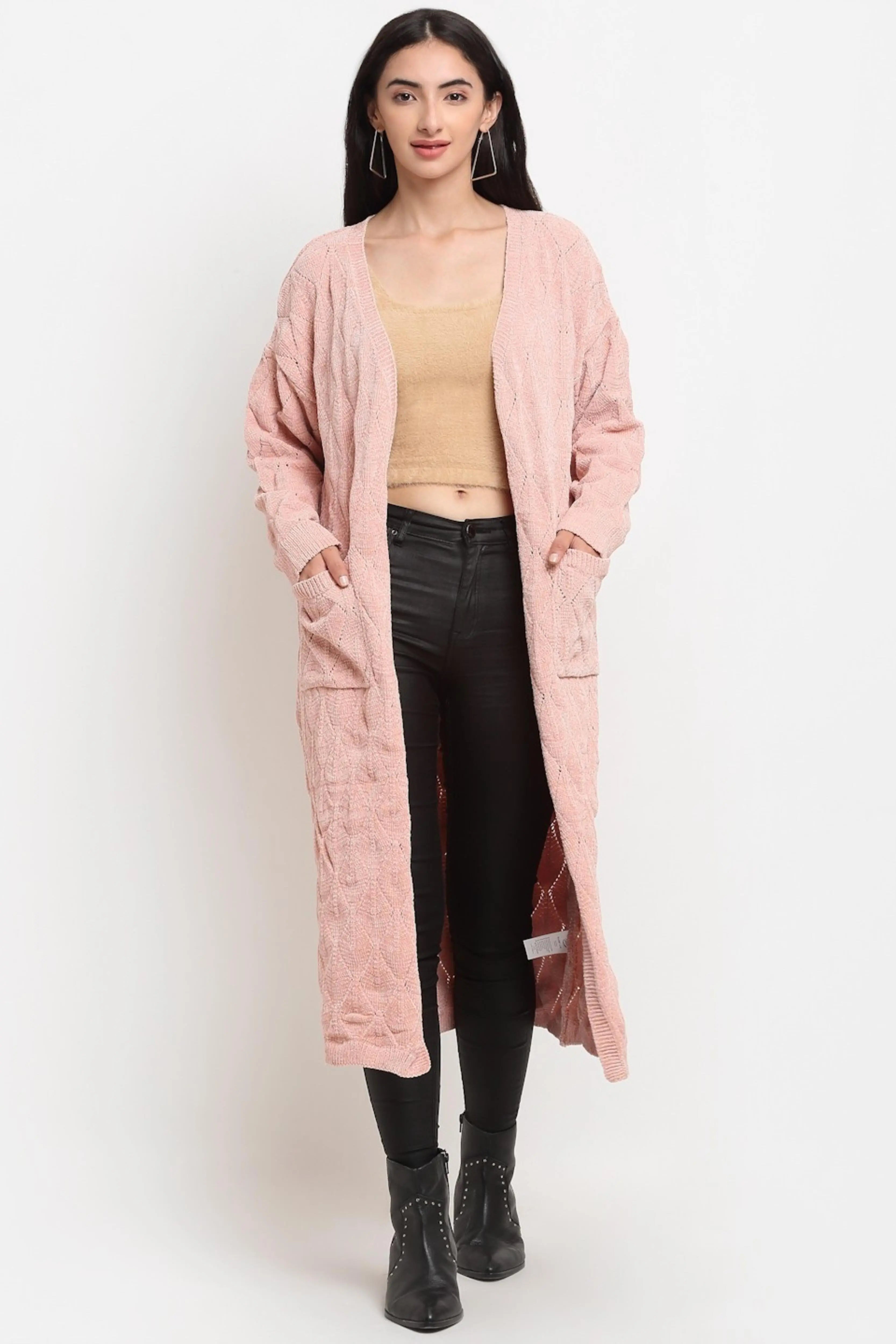 Pink Wool Blend Loose Fit Long Shrug