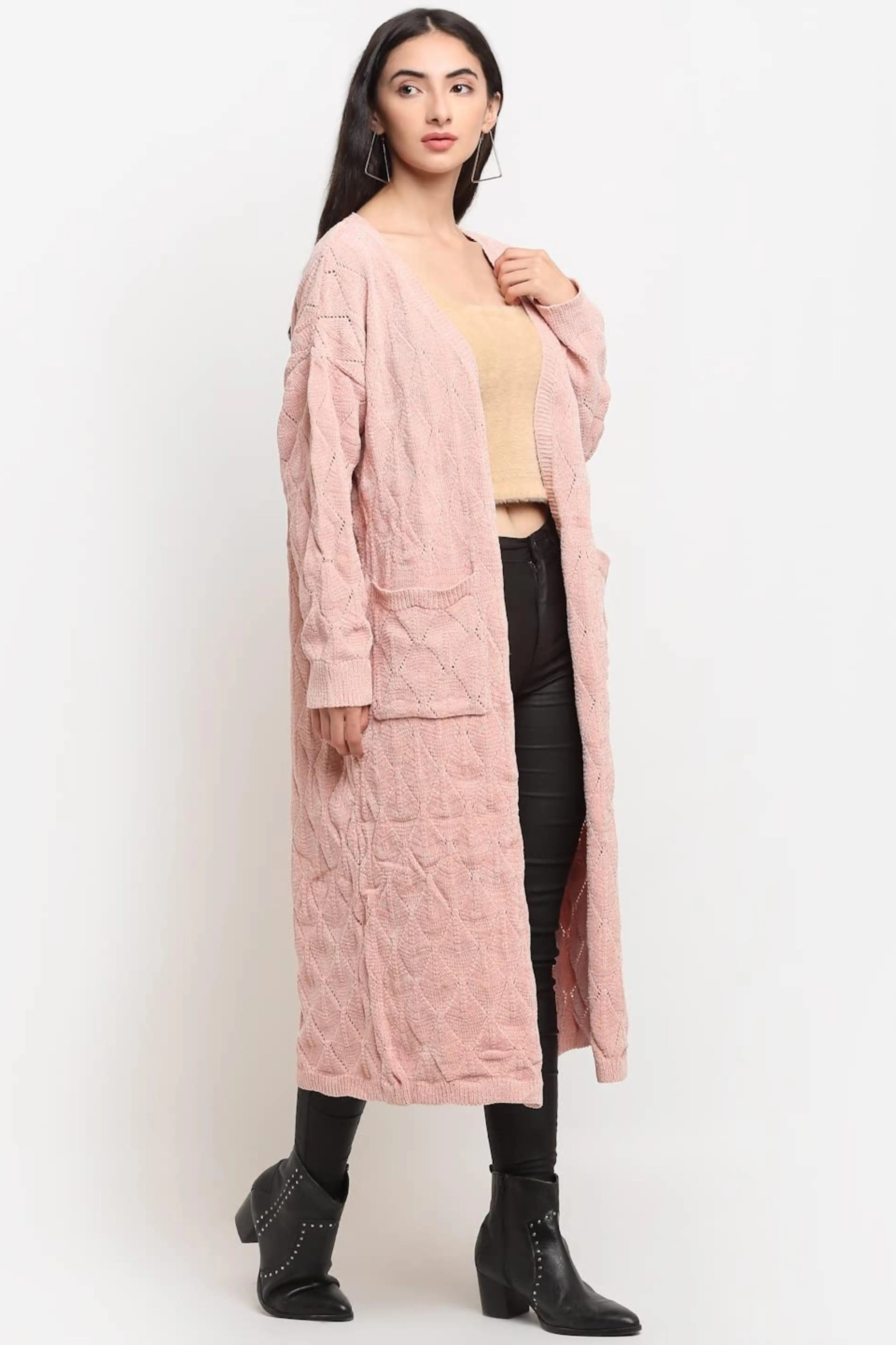 Pink Wool Blend Loose Fit Long Shrug