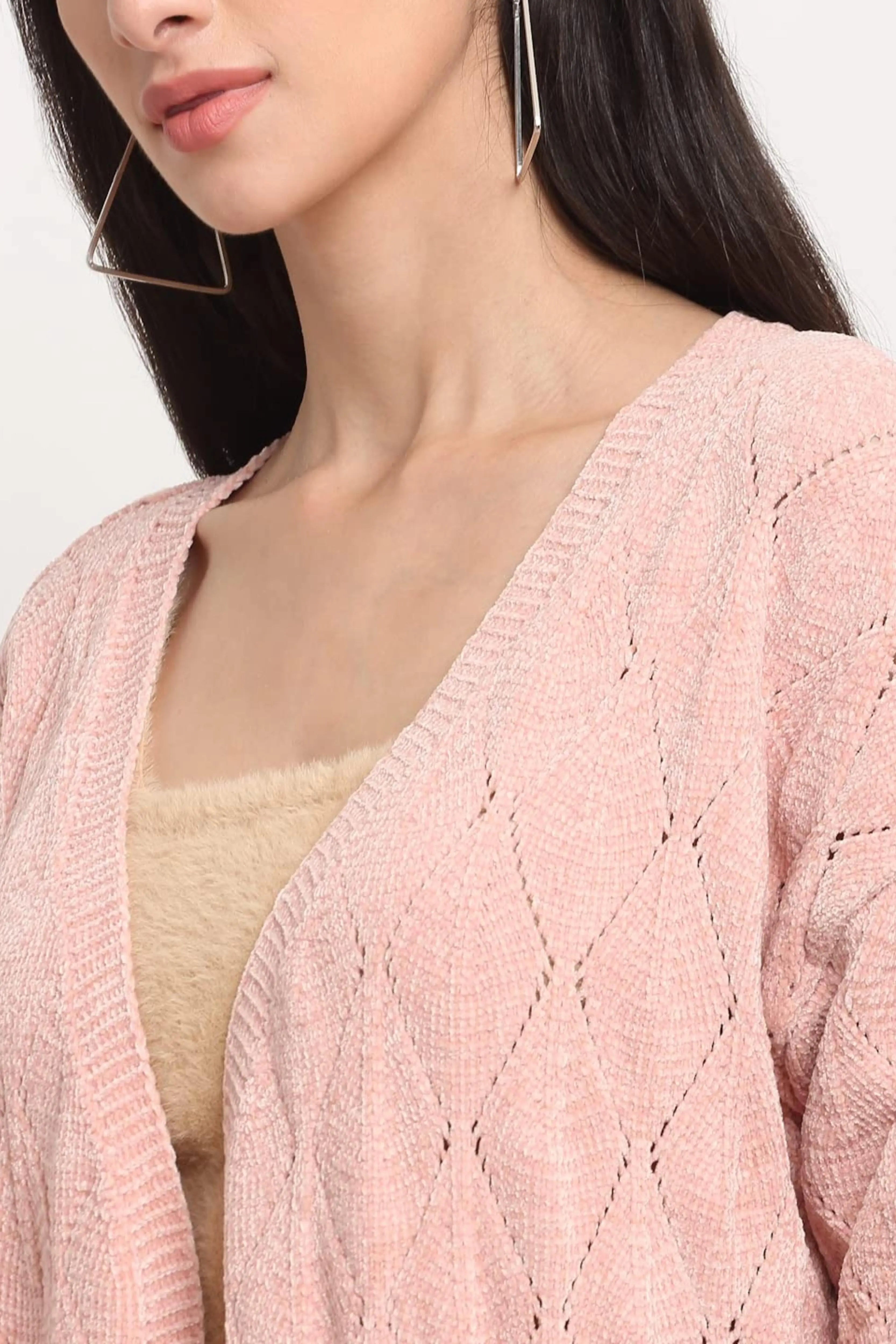 Pink Wool Blend Loose Fit Long Shrug