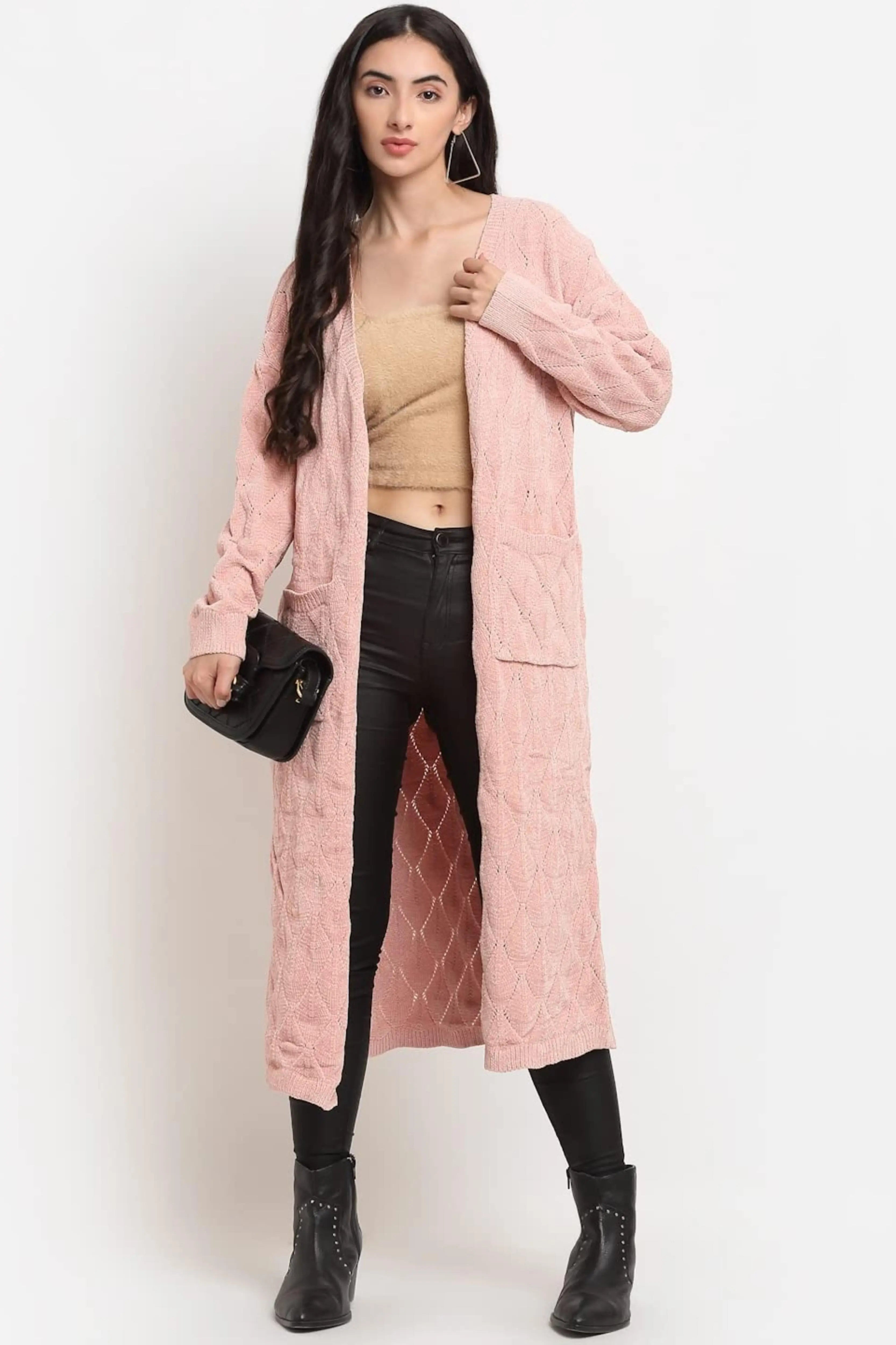 Pink Wool Blend Loose Fit Long Shrug