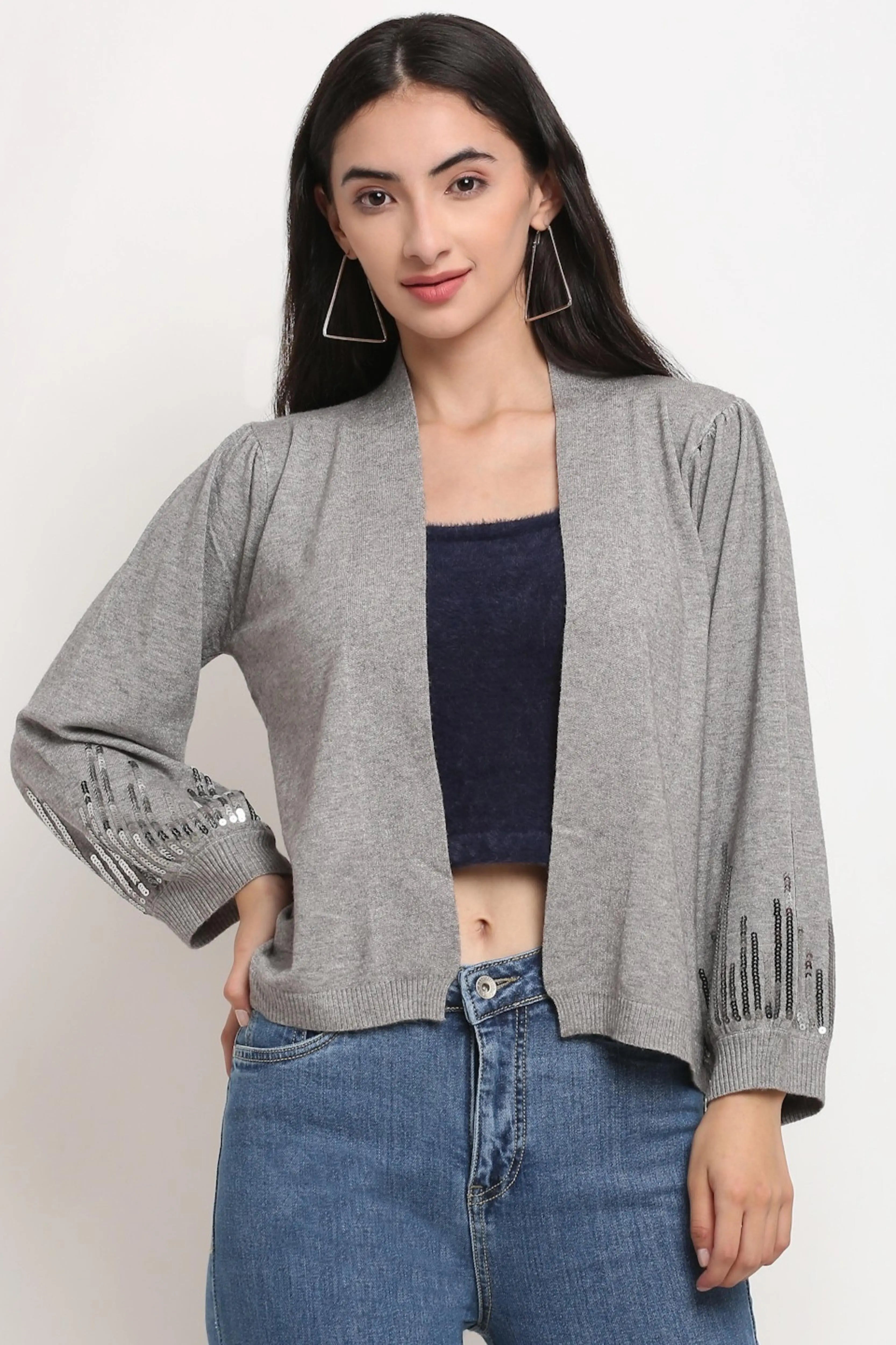 Women Grey Open Neck Loose Fit Shrug - Global Republic