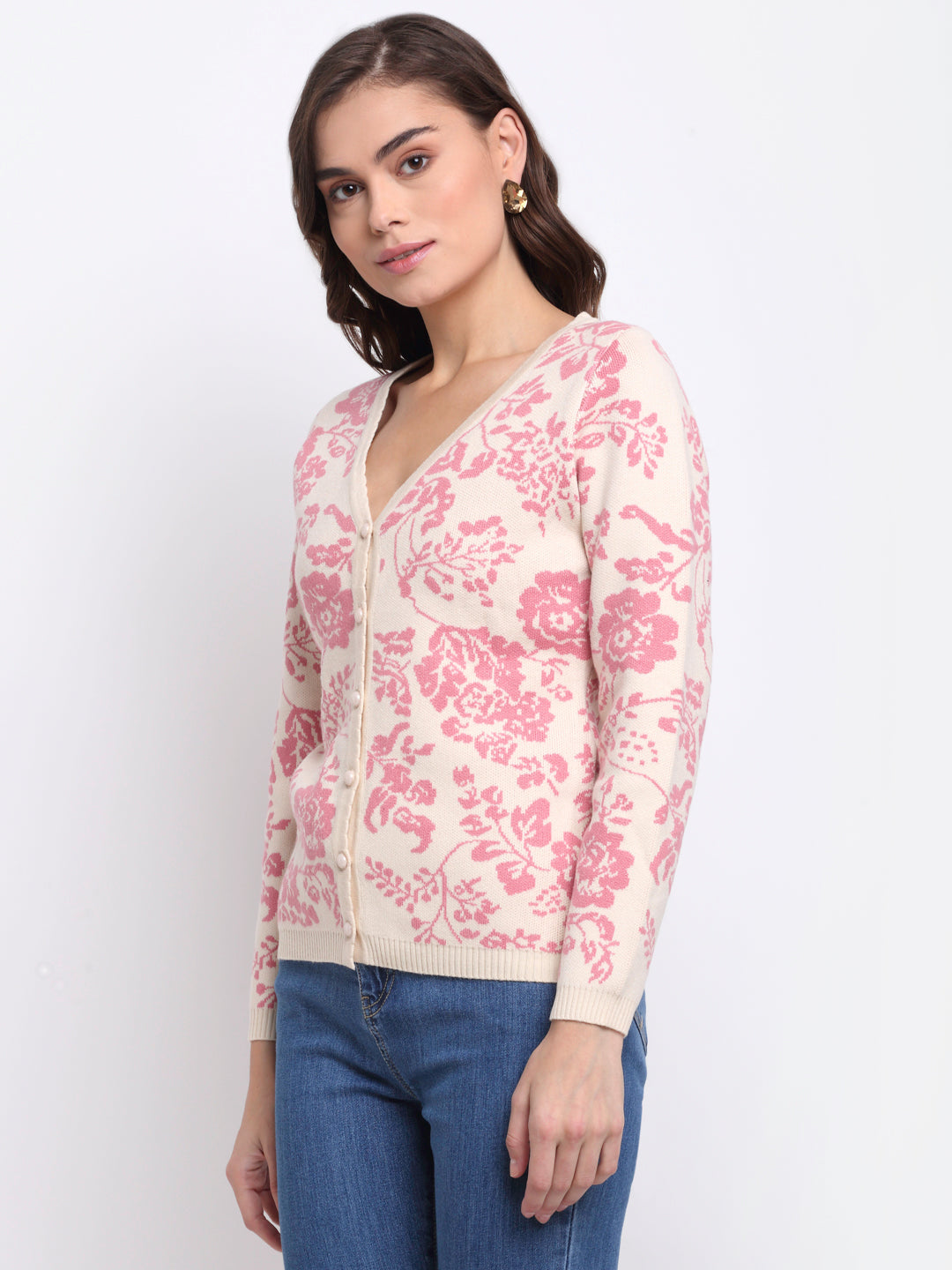 Pink Floral Print Knitted Cardigan