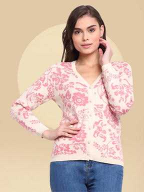Pink Floral Print Knitted Cardigan