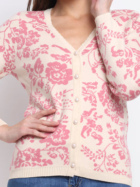 Pink Floral Print Knitted Cardigan