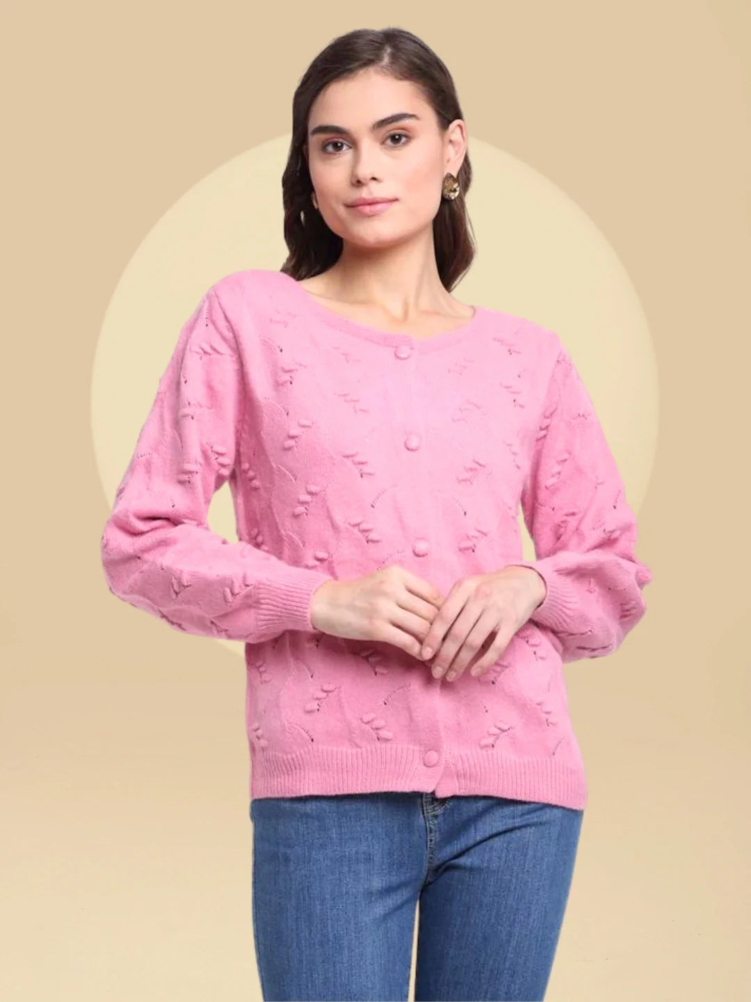 Pink Knitted Solid Cardigan