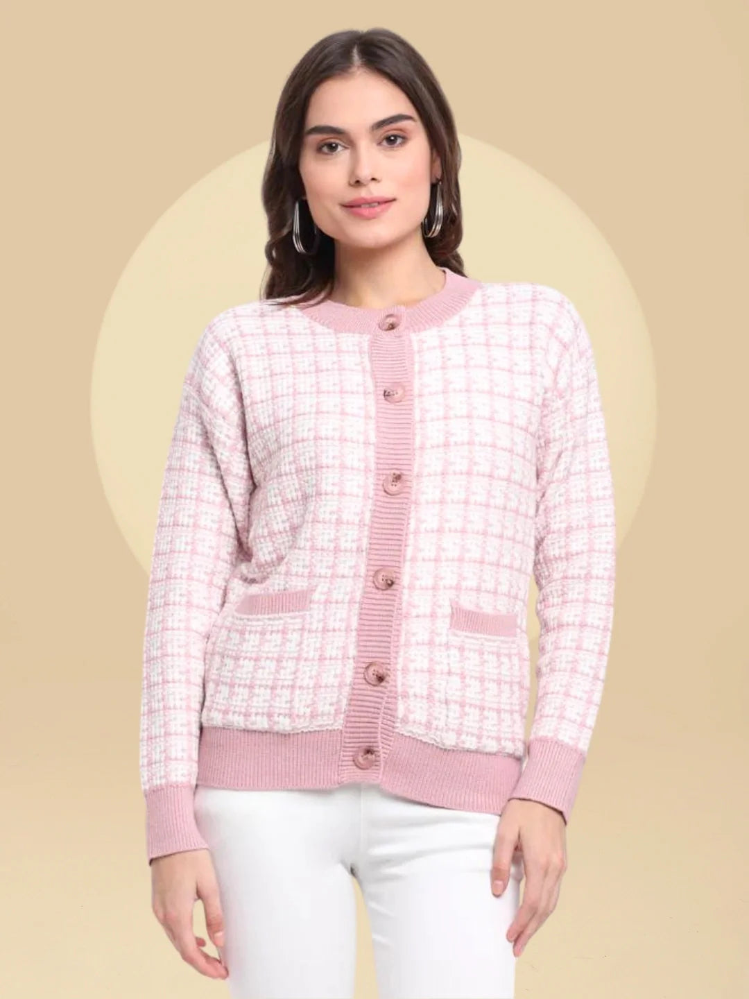 Pink Knitted Solid Cardigan