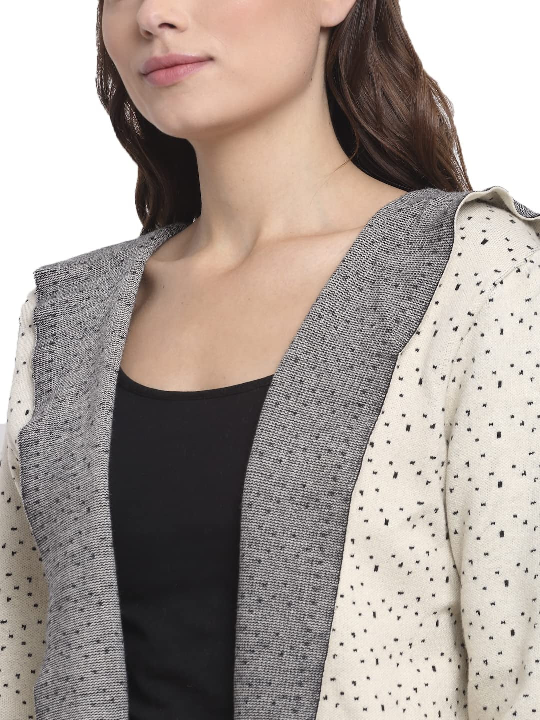 Women Beige Hooded Knitted Loose Fit Shrug