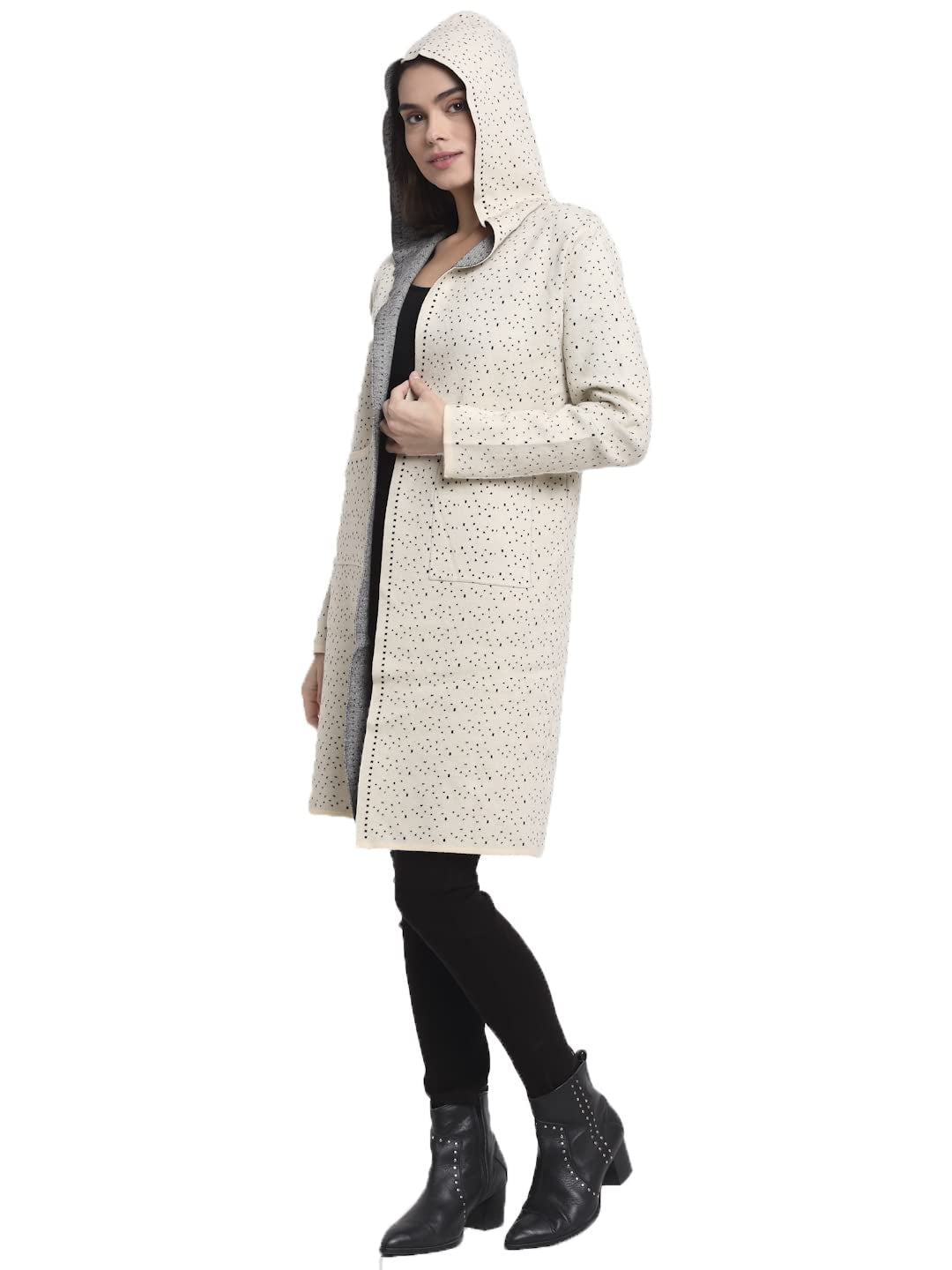 Women Beige Hooded Knitted Loose Fit Shrug