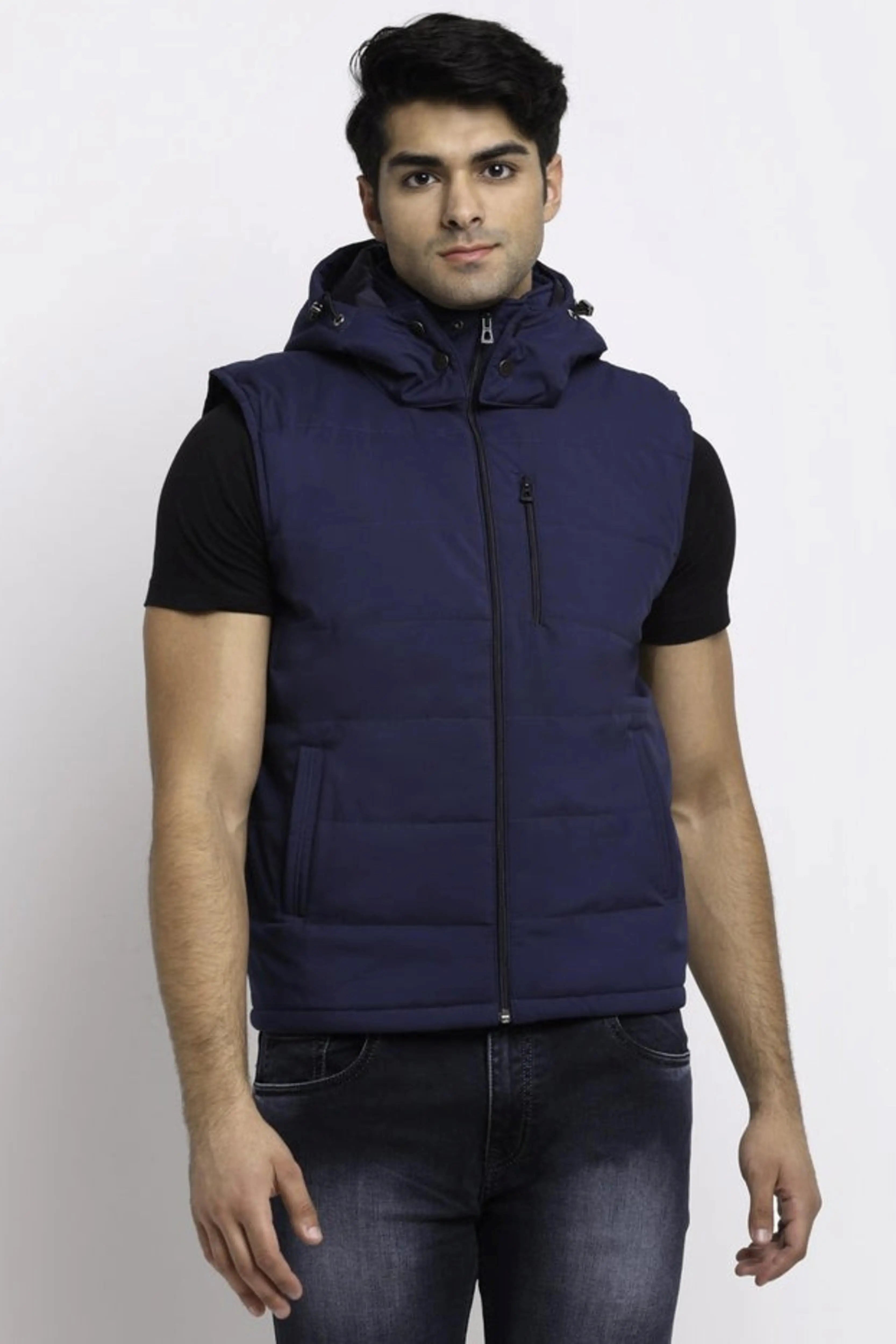 Navy Blue Hooded Solid Jacket - Global Republic
