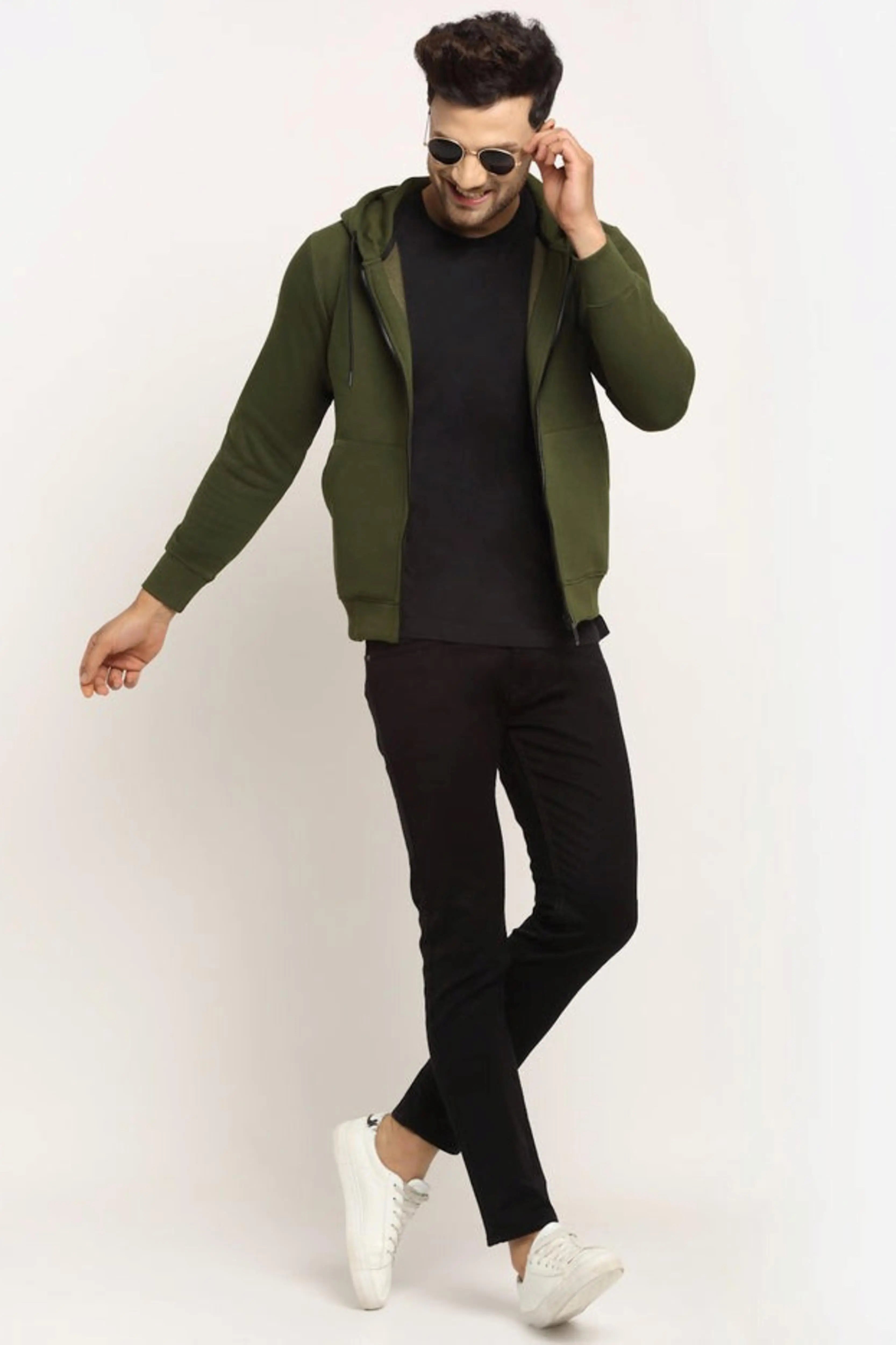 Men Olive Green Hosiery Solid Hooded Sweatshirt - Global Republic