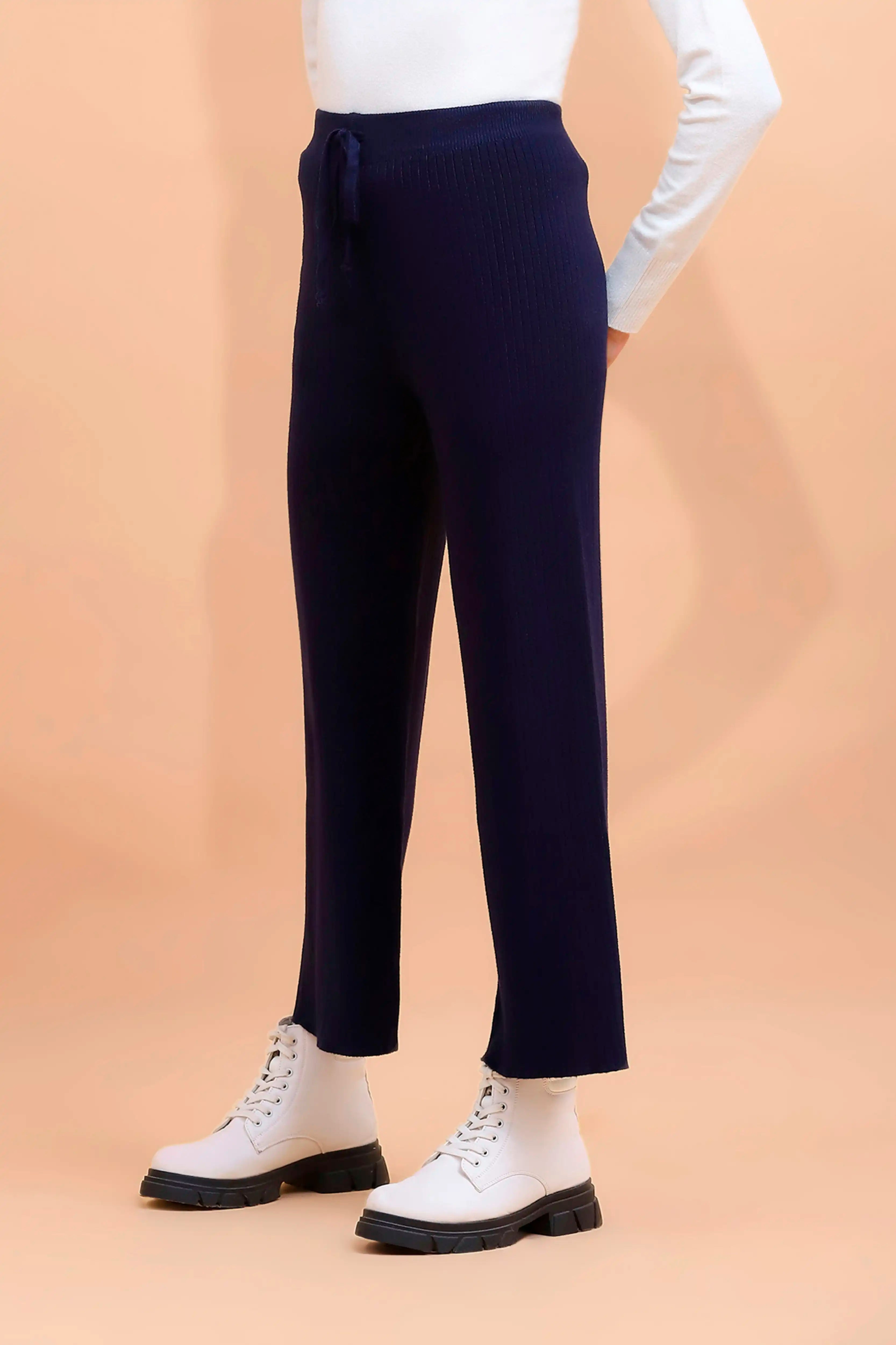 Navy Blue Viscose Blend Solid Lower