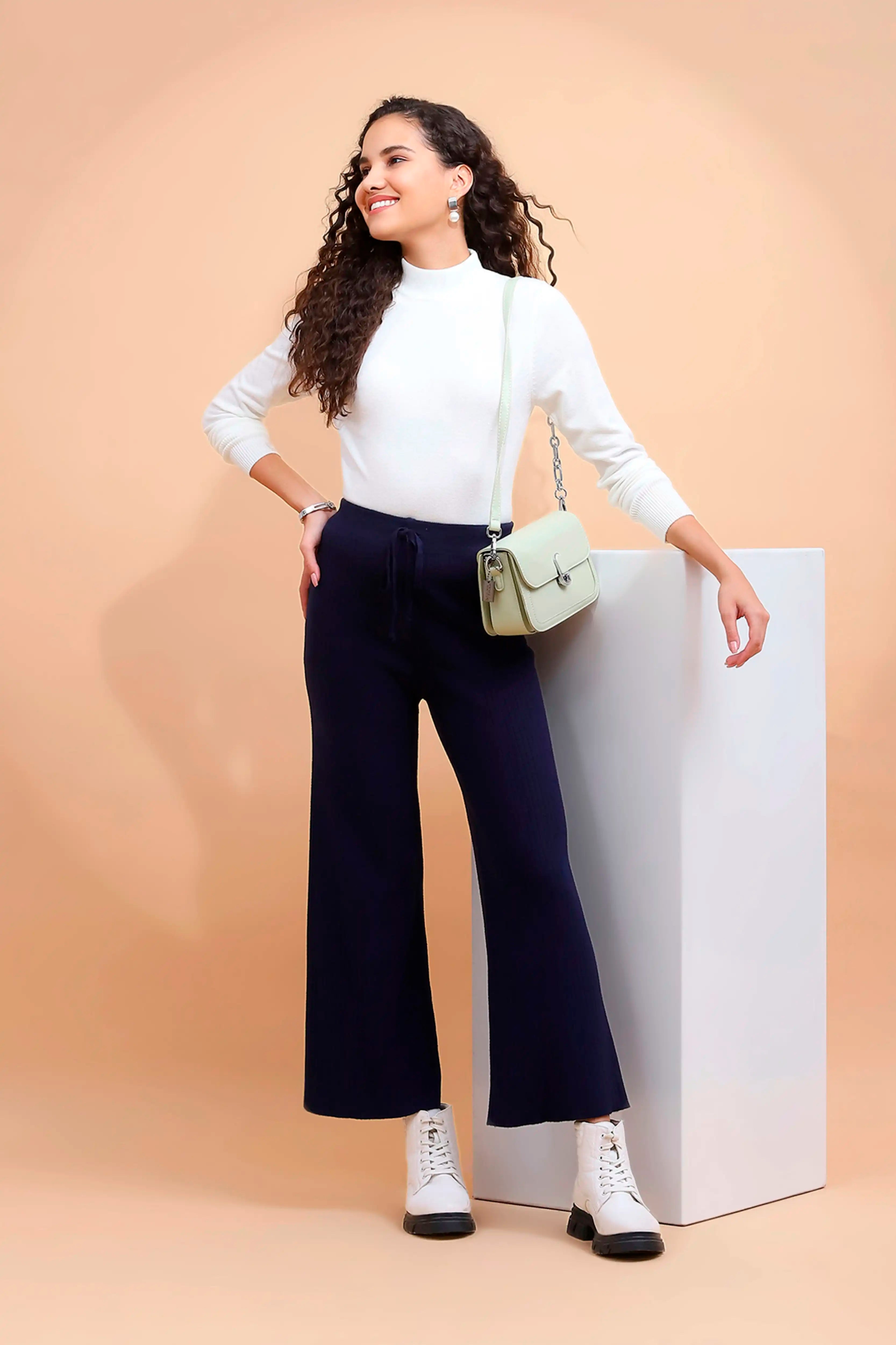 Navy Blue Viscose Blend Solid Lower