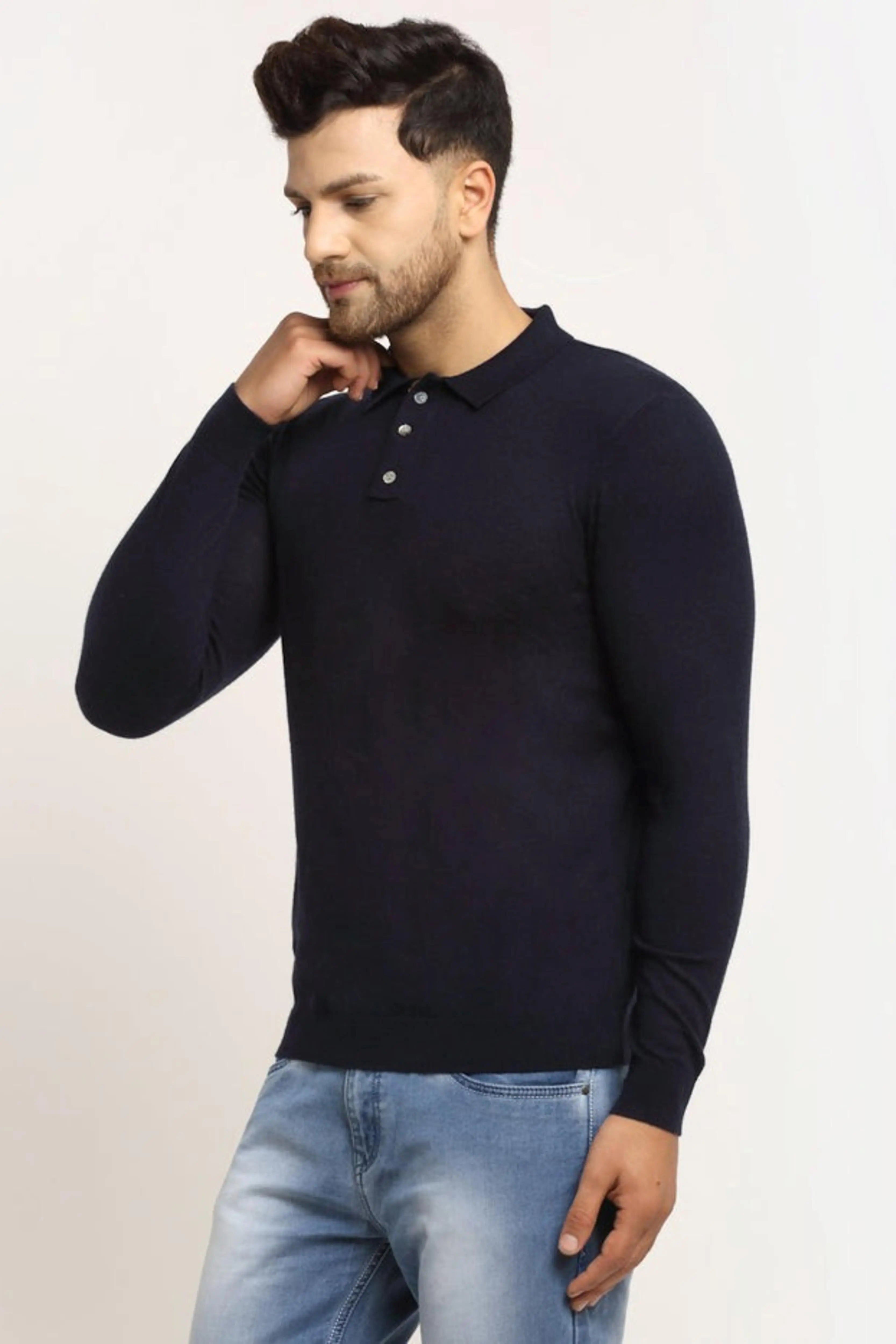Men Navy Blue Polo Neck Knit Solid Pullover - Global Republic