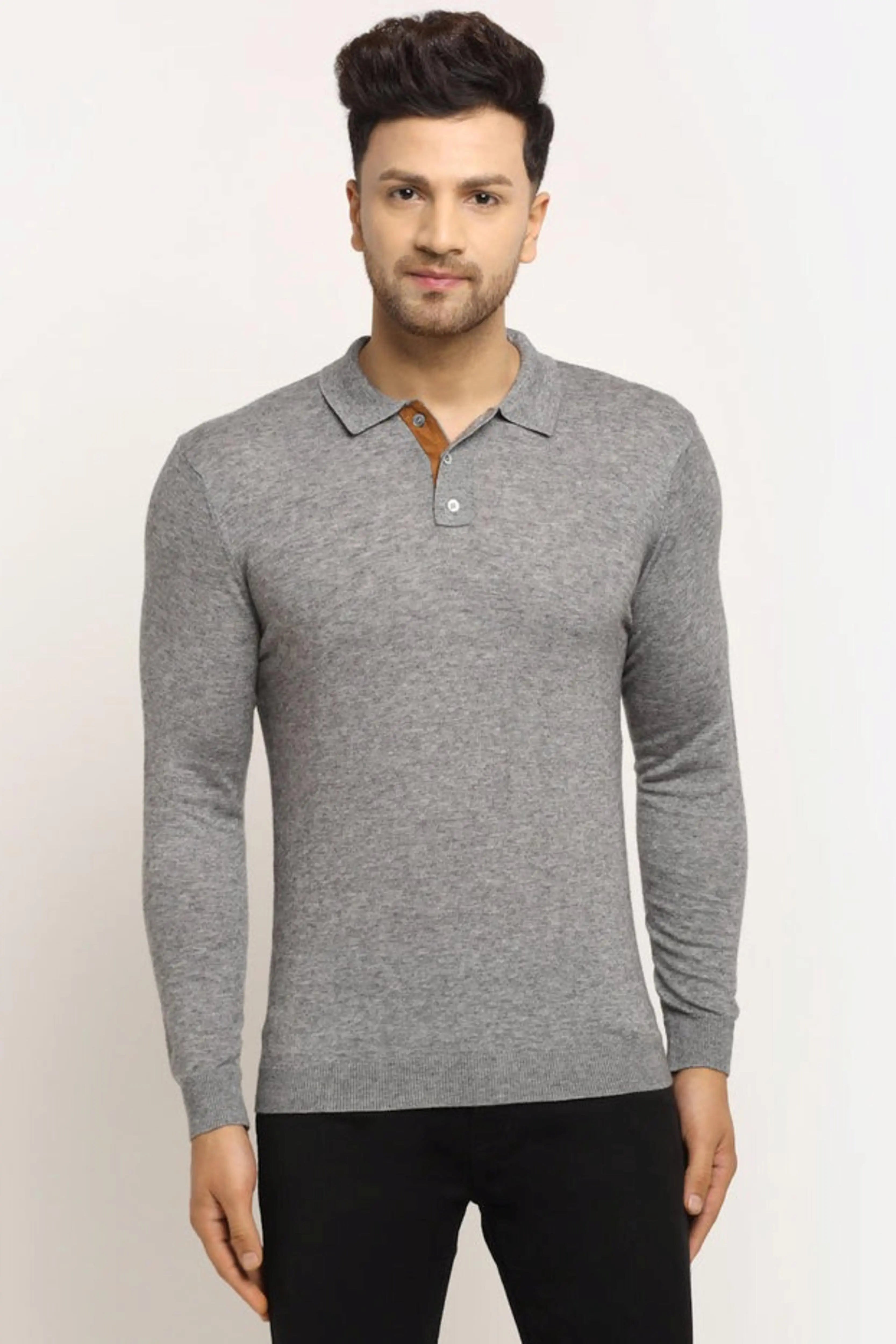 Men Grey Polo Neck Knit Solid Pullover - Global Republic