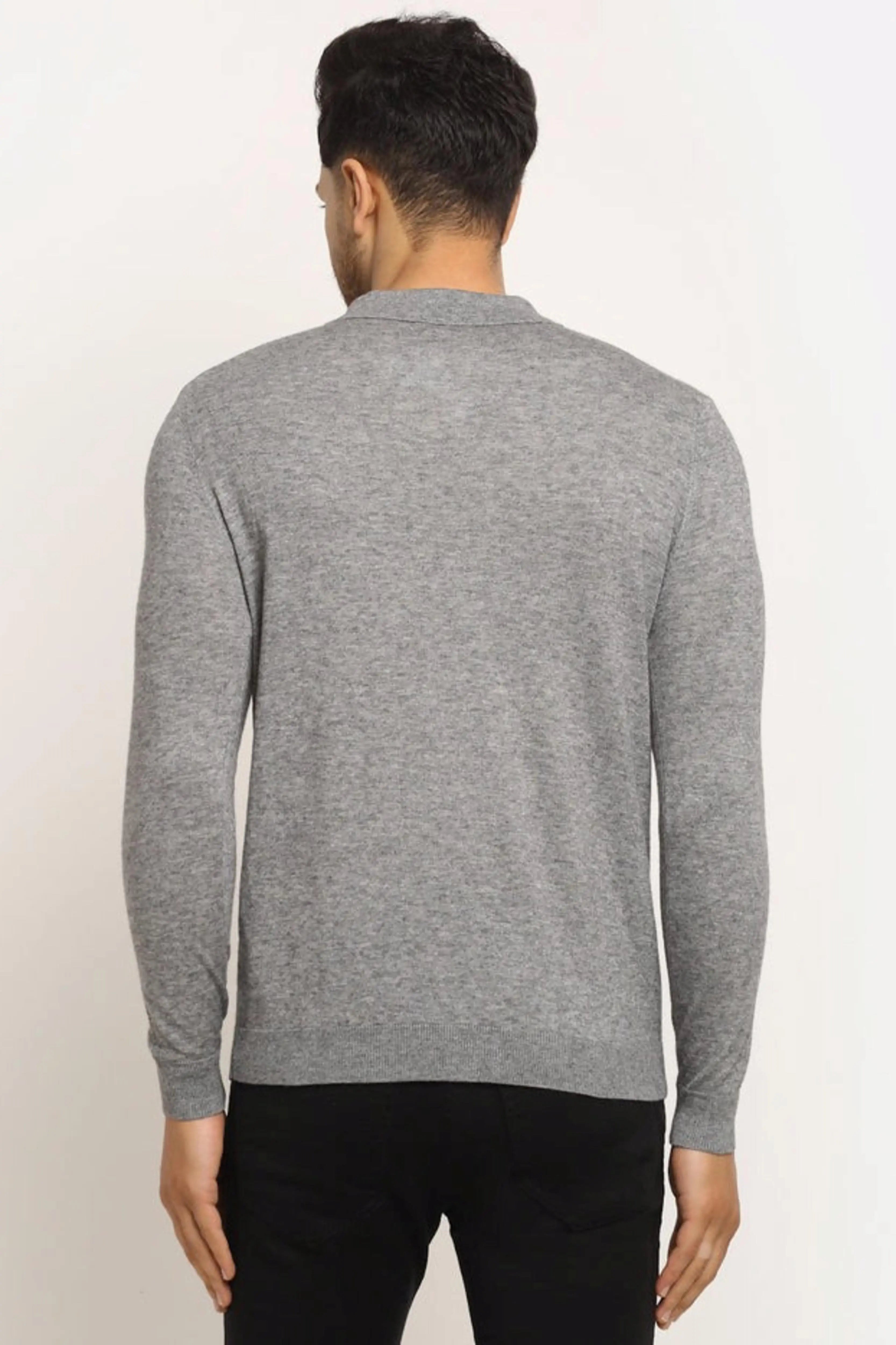 Men Grey Polo Neck Knit Solid Pullover - Global Republic