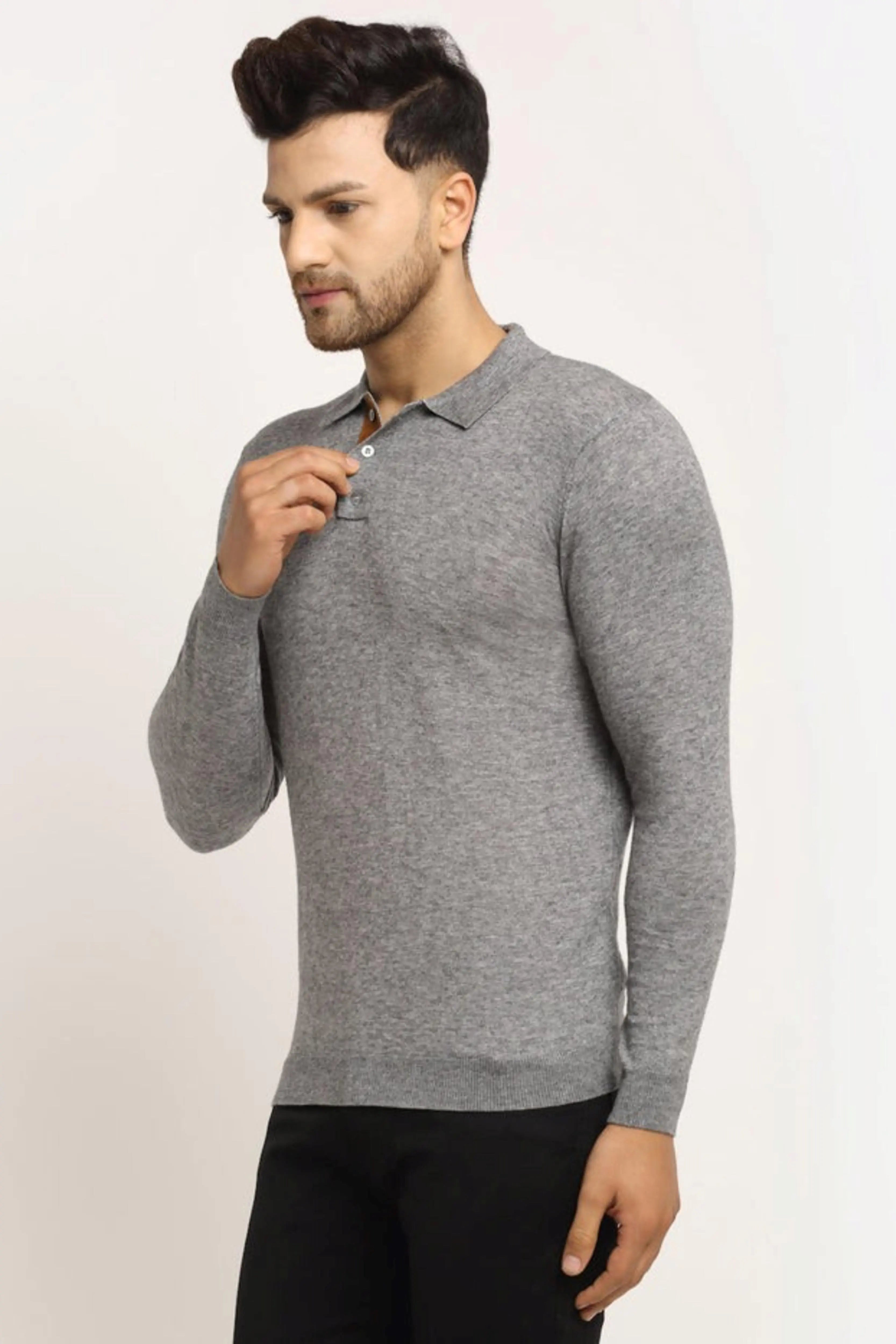 Men Grey Polo Neck Knit Solid Pullover - Global Republic