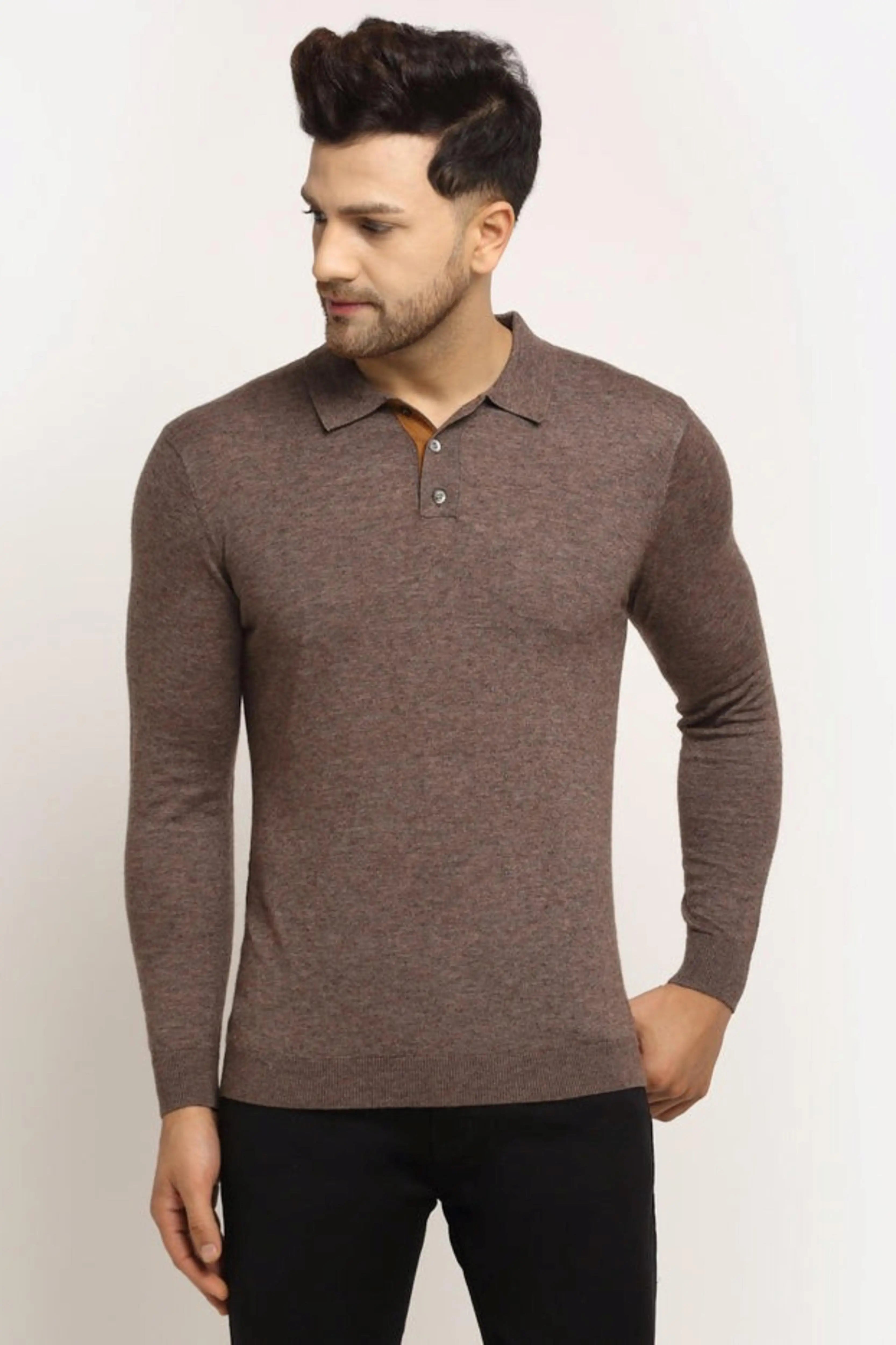 Men Brown Polo Neck Knit Solid Pullover