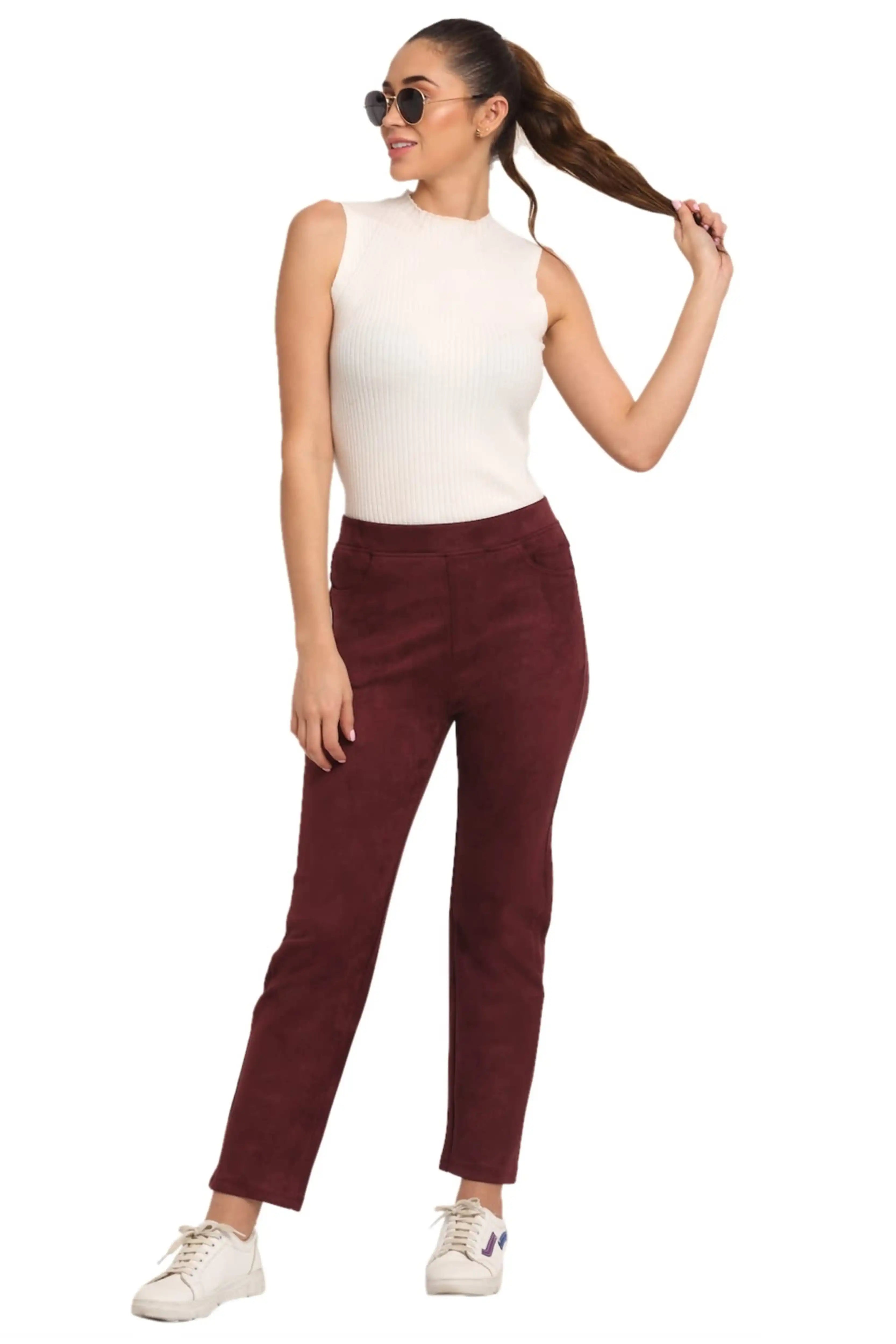 Maroon Solid Suede Jegging